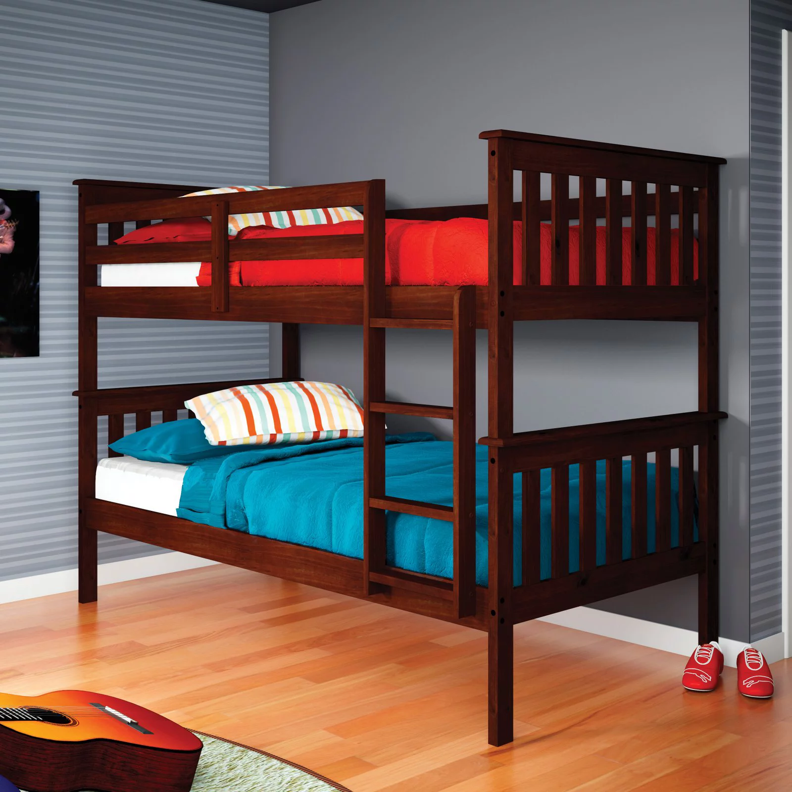 Donco Kids Twin Over Twin Solid Wood Mission Bunk Bed in Cappuccino