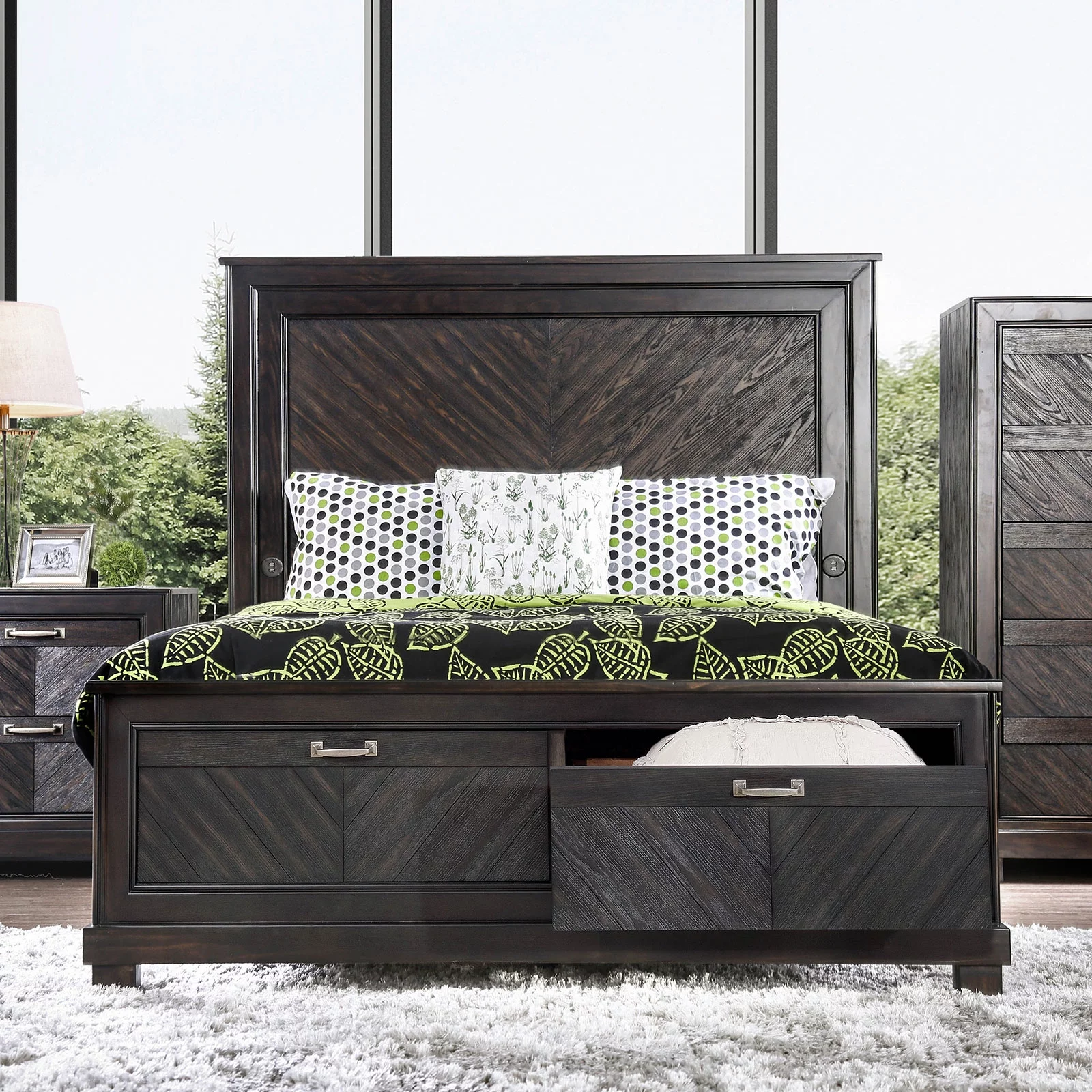 Transitional Look Espresso Solid wood California King Size Bed 1pc Plank Design High HB Drawers FB Bedroom Furniture Veneers