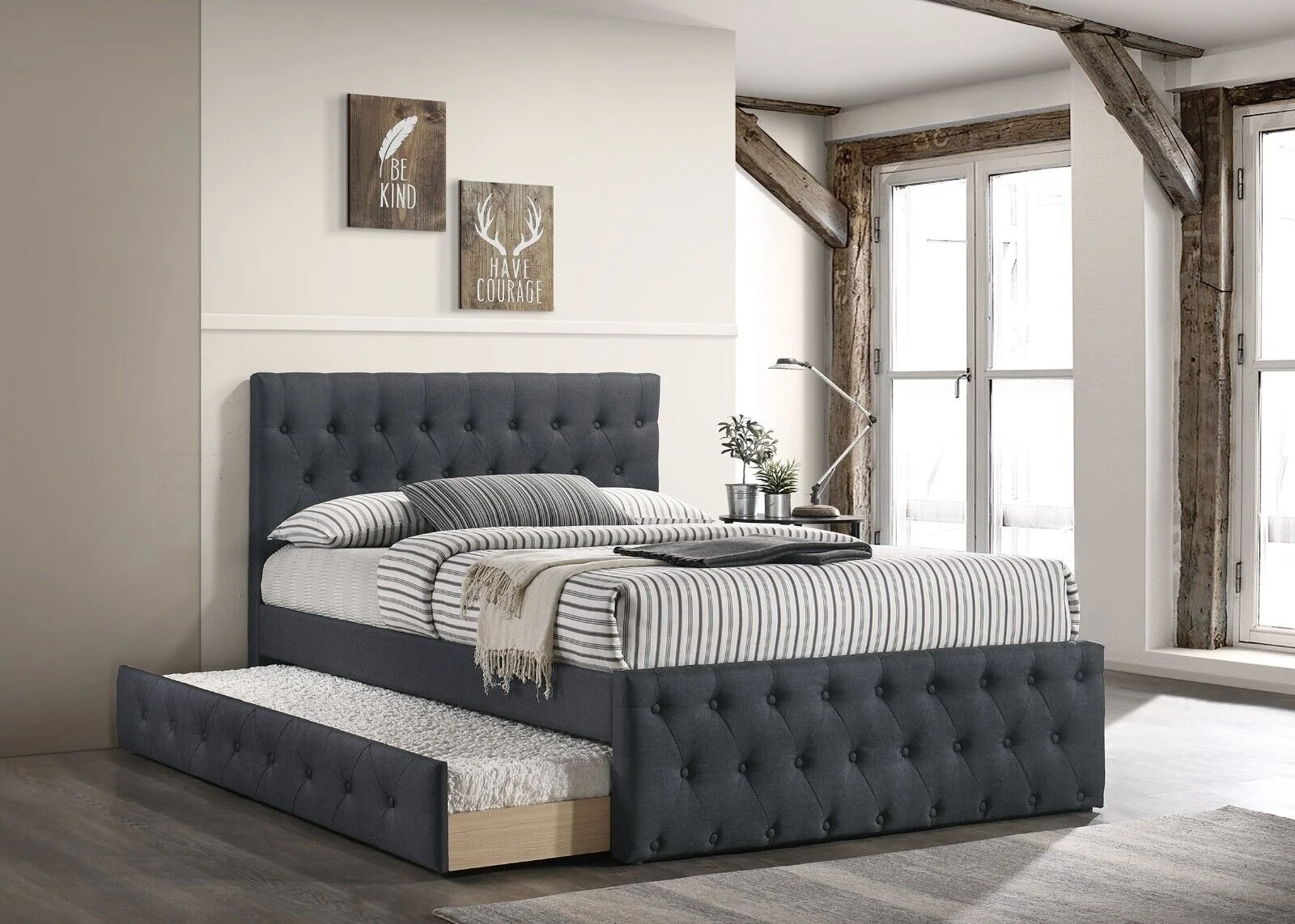 Contemporary Modern Charcoal Burlap Button Tufted Twin Size Bed w Trundle Bedroom Upholstered 1pc Bed Wooden Slats