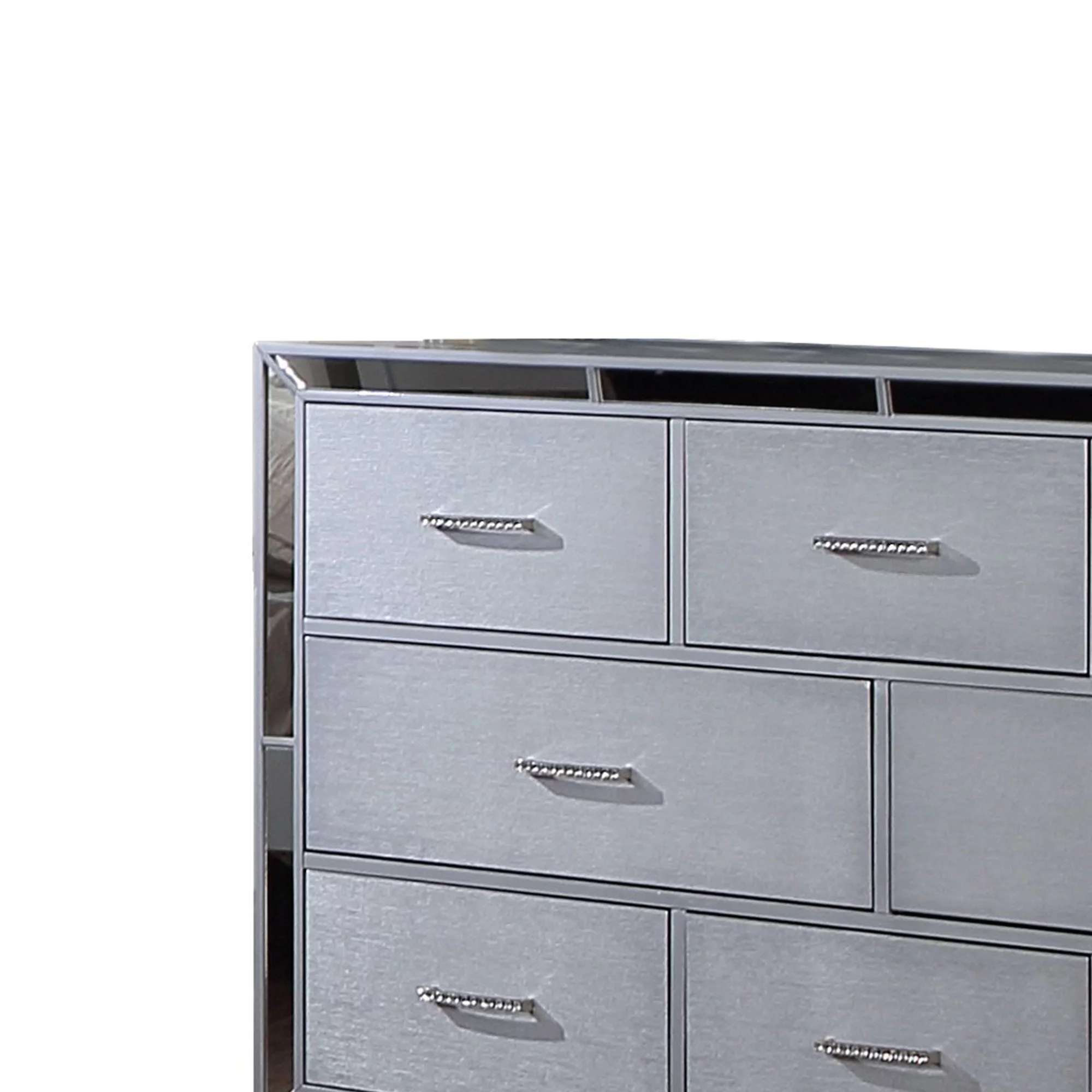 Koi 64 Inch Pine Wood Dresser, 8 Drawers, Wire Brushed, Mirror Trim, Silver