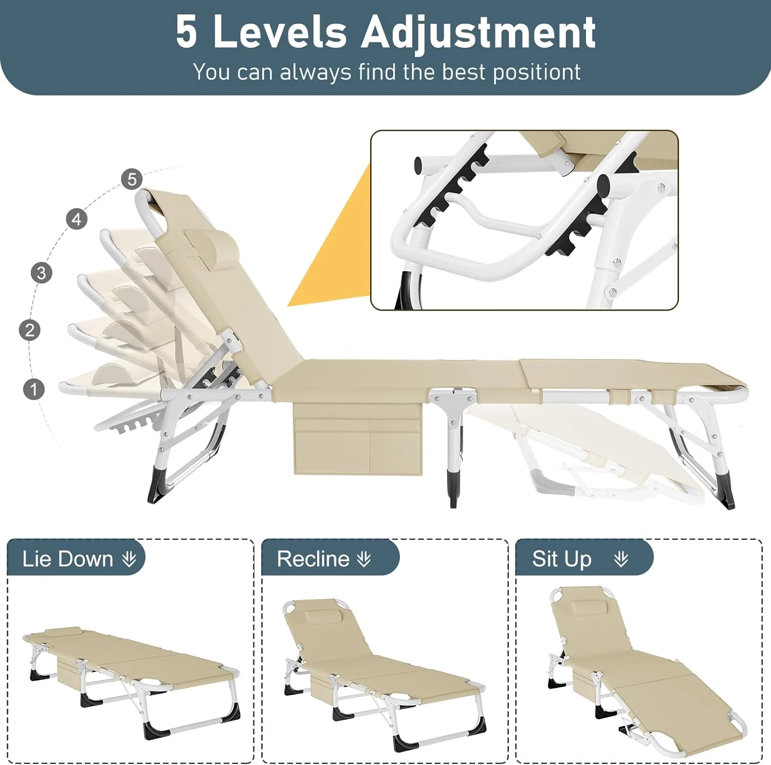 Slsy Face Down Tanning Chair with Face Arm Hole, Folding Camping Cot with 5 Adjustable Positions, 2 Sided Cushion & Pillow, 2 Carry Straps, Folding Lounge Chair Beach Chair