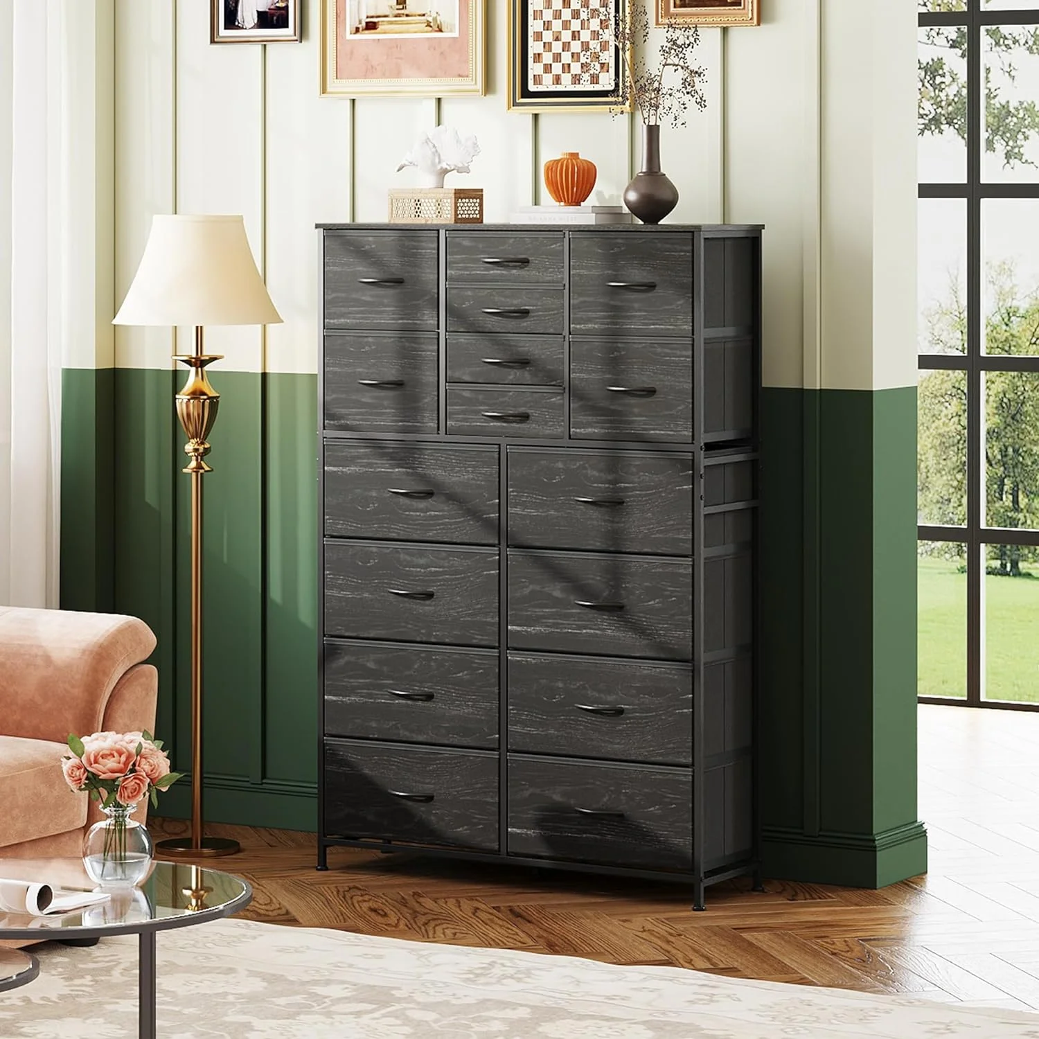 YINCHEN 16 Drawers Dresser, Tall Dresser for Bedroom, Closet, Hallway, Storage Dresser Organizer unit, Large Dressers & Chests of Drawers with Fabric Bins, Charcoal Black Wood Grain Print