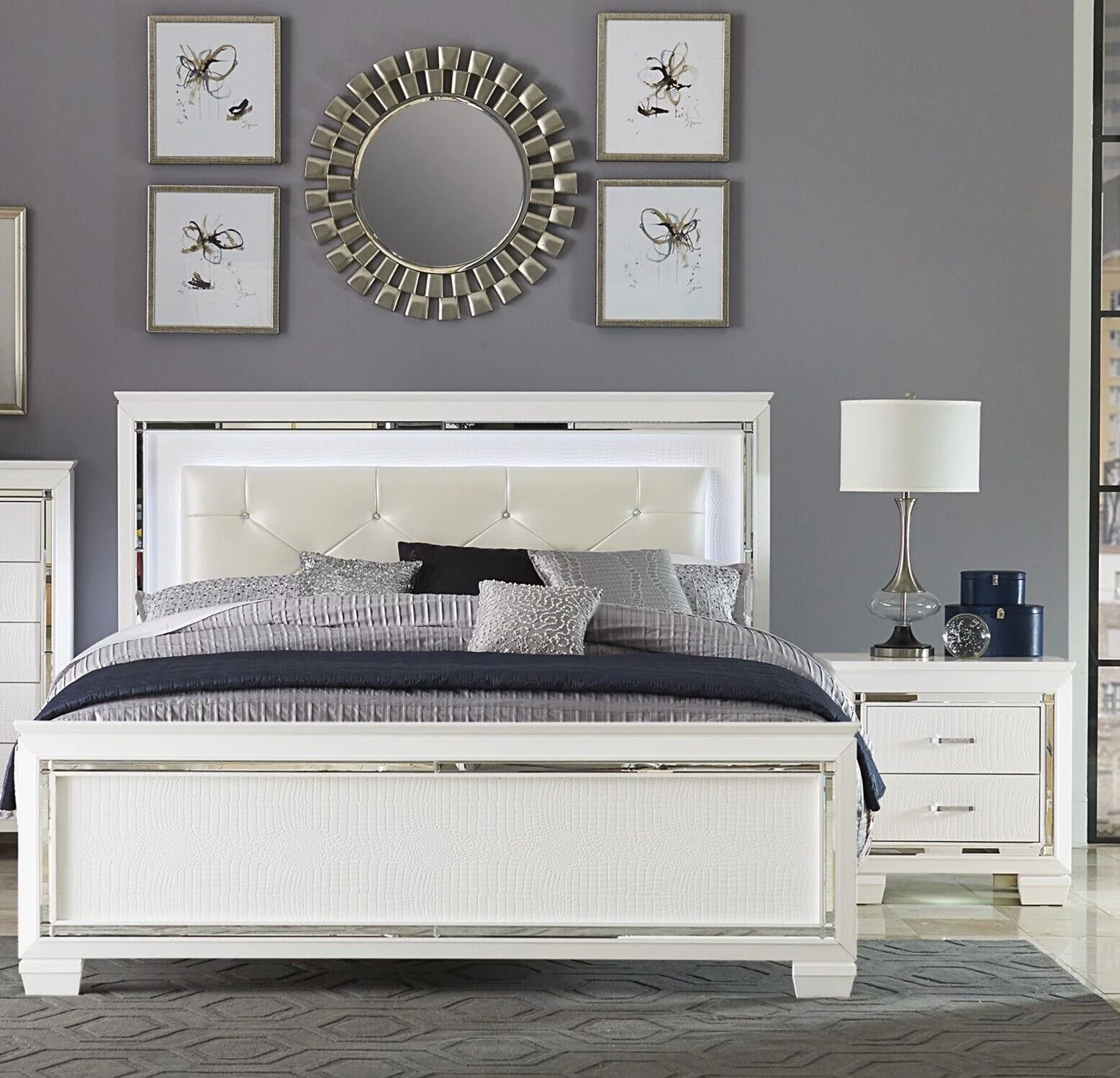 Glamorous Design Bedroom Furniture 3pc Set California King Bed Button-Tufted LED Headboard and 2x Nightstands White Finish
