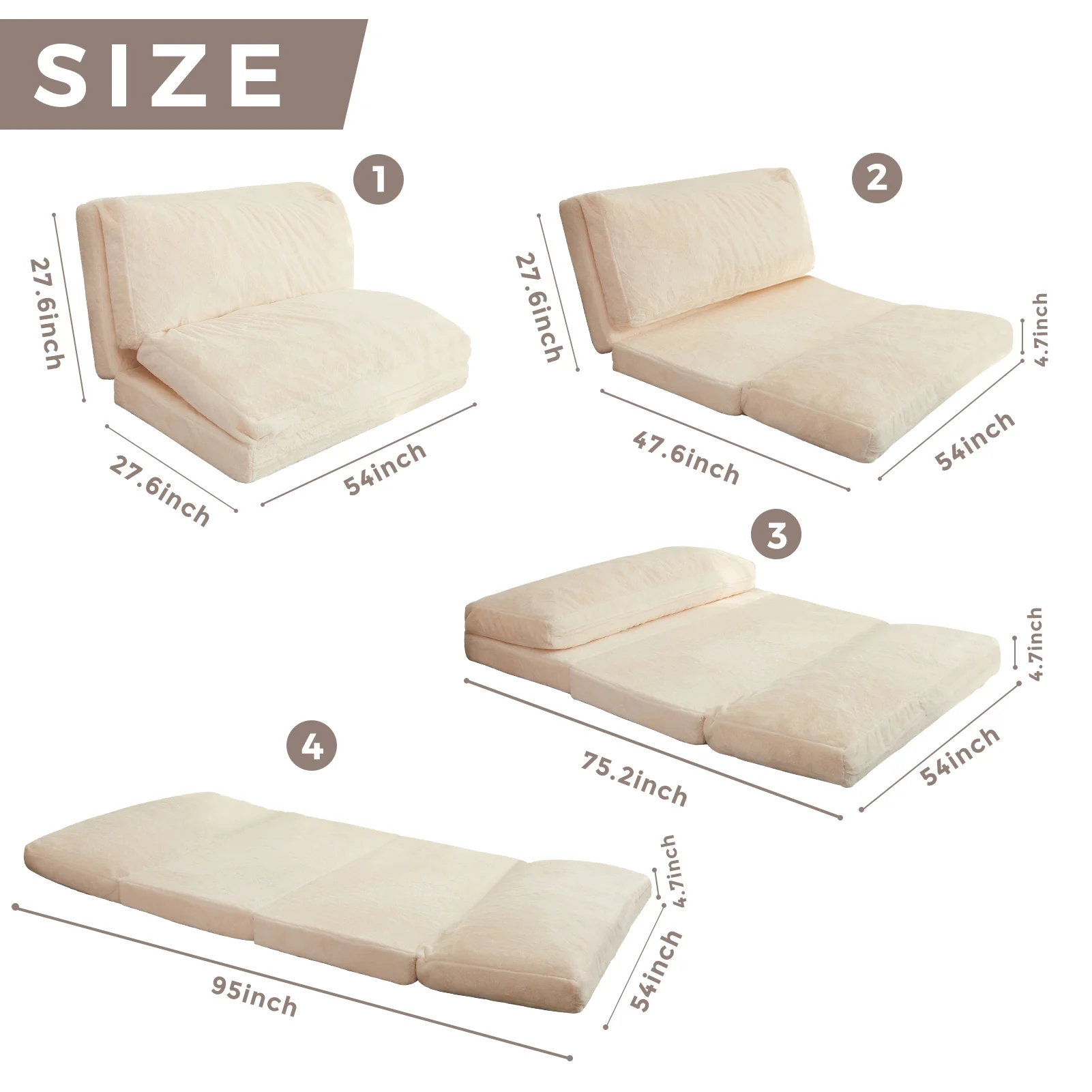 Folding Sofa Bed,Extra Thick and Long Fluffy 4 Position Convertible Flip Lounge Chair,Foam Filling Folding Matress Sofa Bean Bag with Washable Cover,White, 54x95 Inch