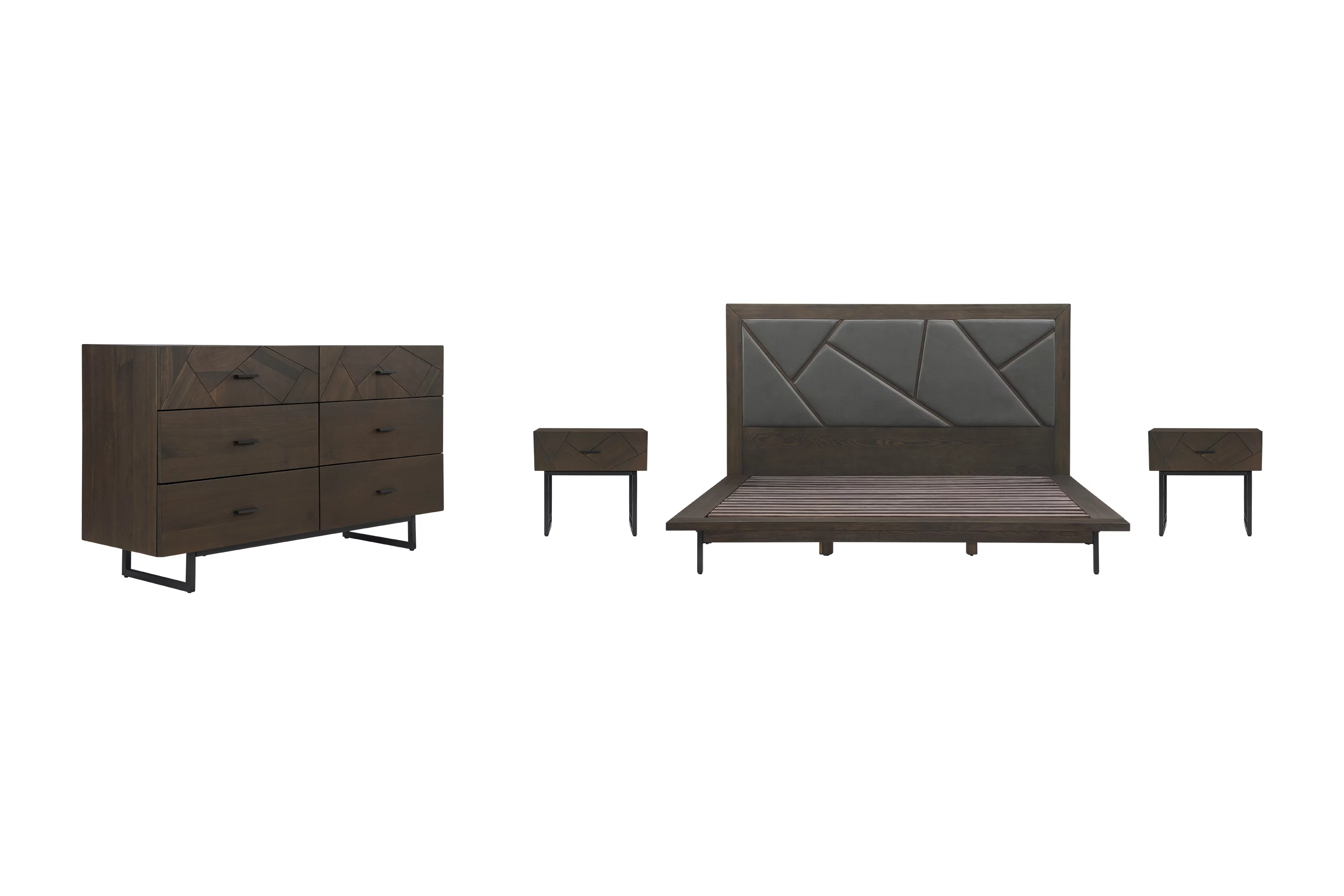 Marquis 4 Piece King Size Platform Bed Frame Bedroom Set in Oak Wood with Faux Leather Headboard