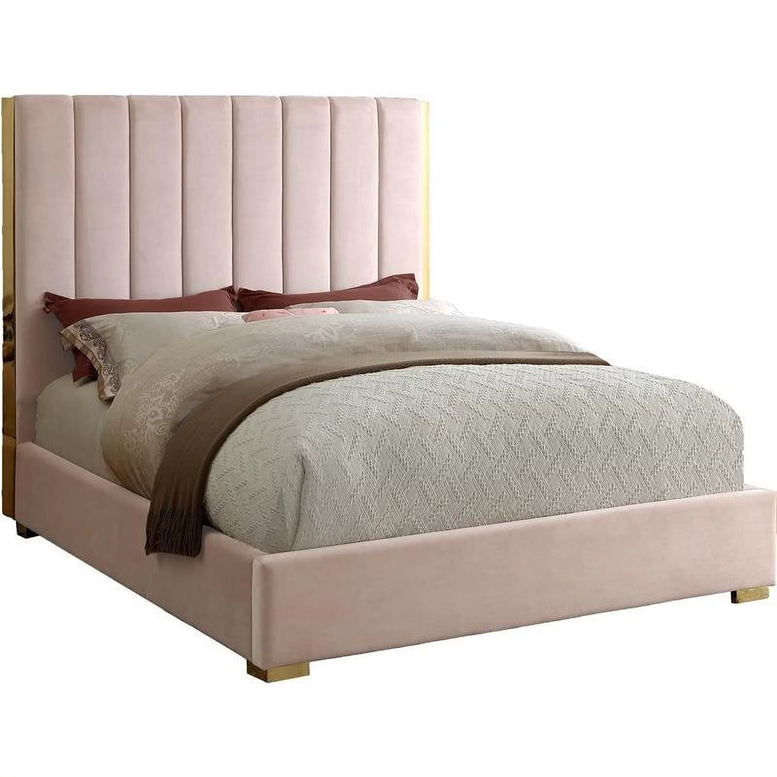 Maklaine Contemporary Metal and Velvet King Bed in Pink