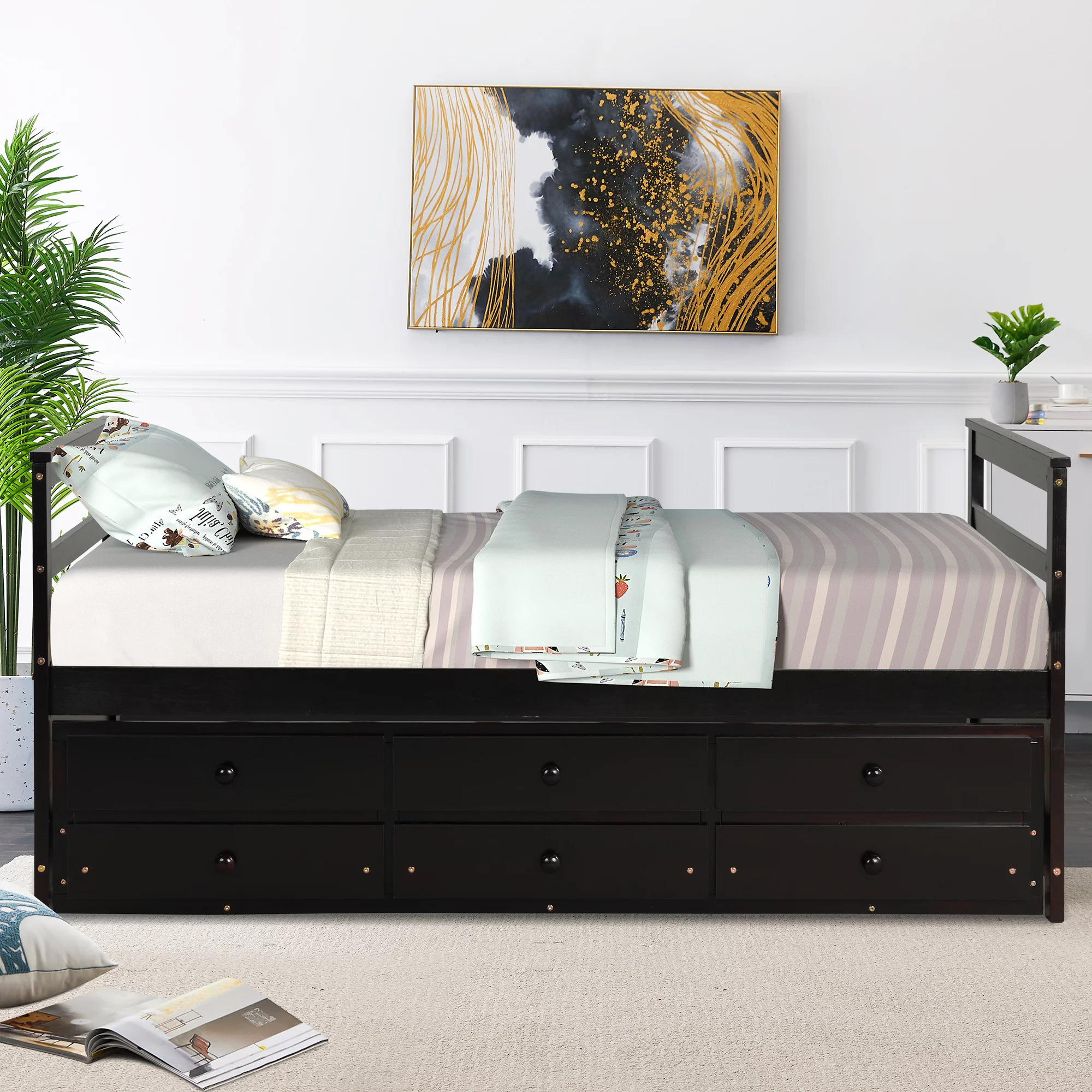 Superjoe All-in-one Daybed with Trundle and Drawers, Twin Wood Captain Bed with Headboard and Footboard, Dark Brown
