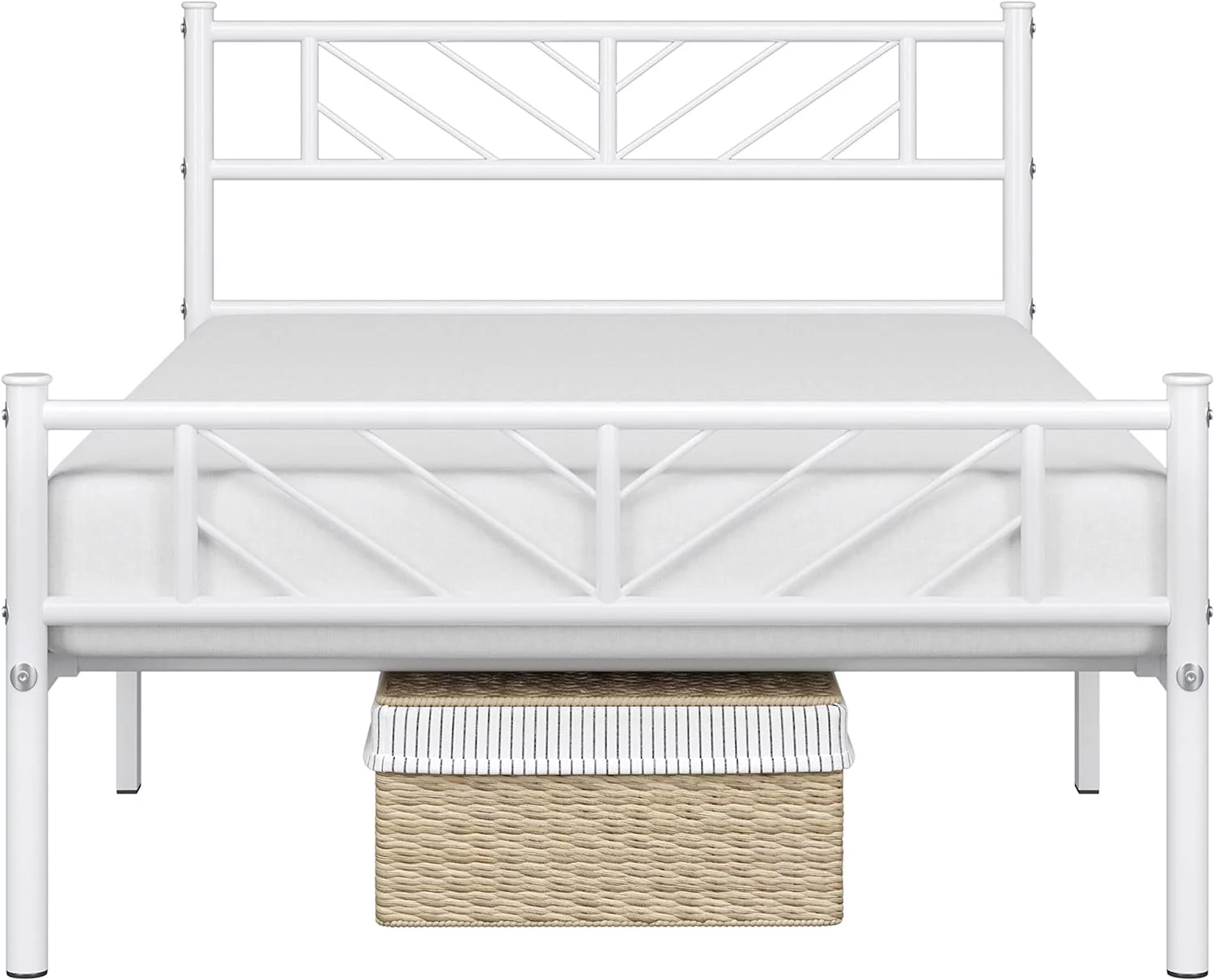 Size Metal Platform Bed With Arrow Design Headboard And Footboard, 13 Inches Underbed Storage, 12 Built-In Steel Slats, No Box Spring Needed, White