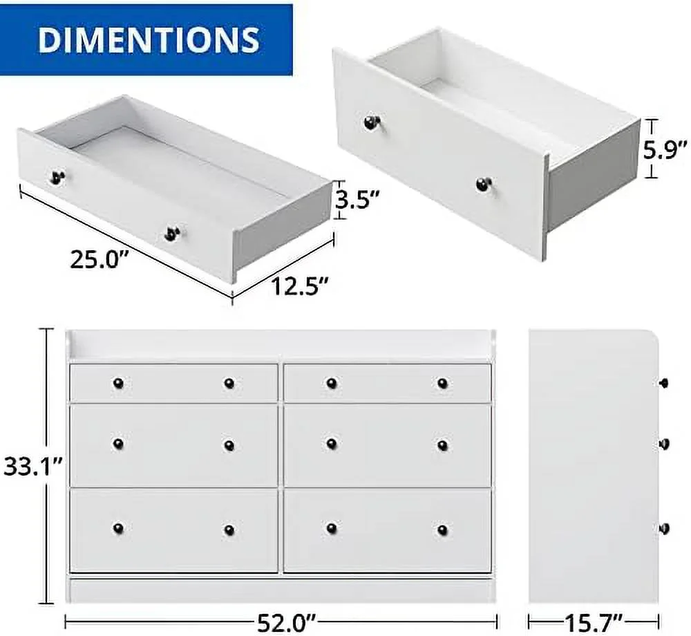 xrboomlife White 6 Drawer Double Dresser Wooden Dressers & Chests of Drawers with Double Anti-Tilt Devices for Bedroom 15.7" D x 52" W x 33.1" H
