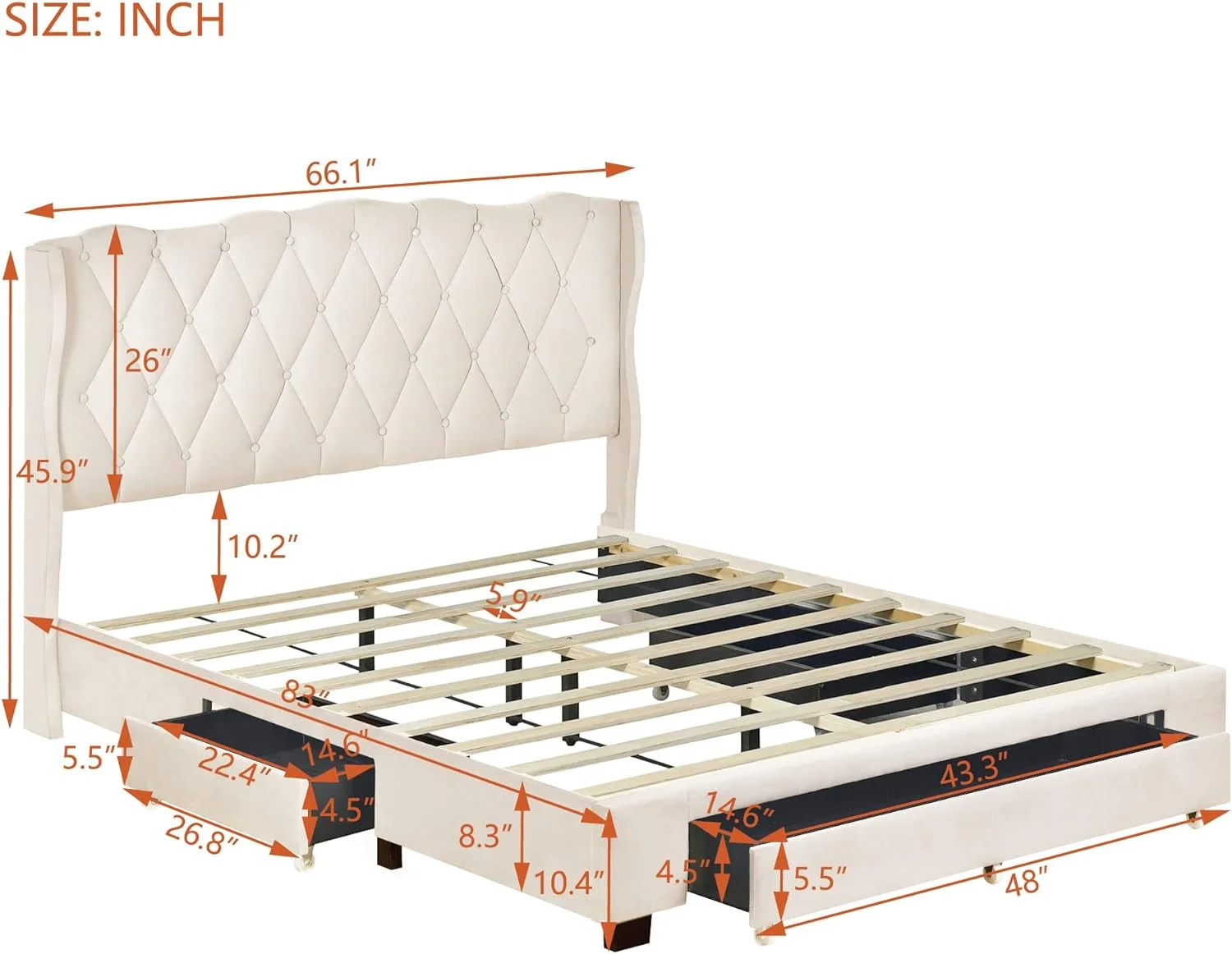 Upholstered Quee Platform Bed With 3 Storage Drawers Ad Tufted Headboard, Quee Bed Frame For Bedroom, o Box Sprig eeded, Velvet Fabric, Quee Size Beige