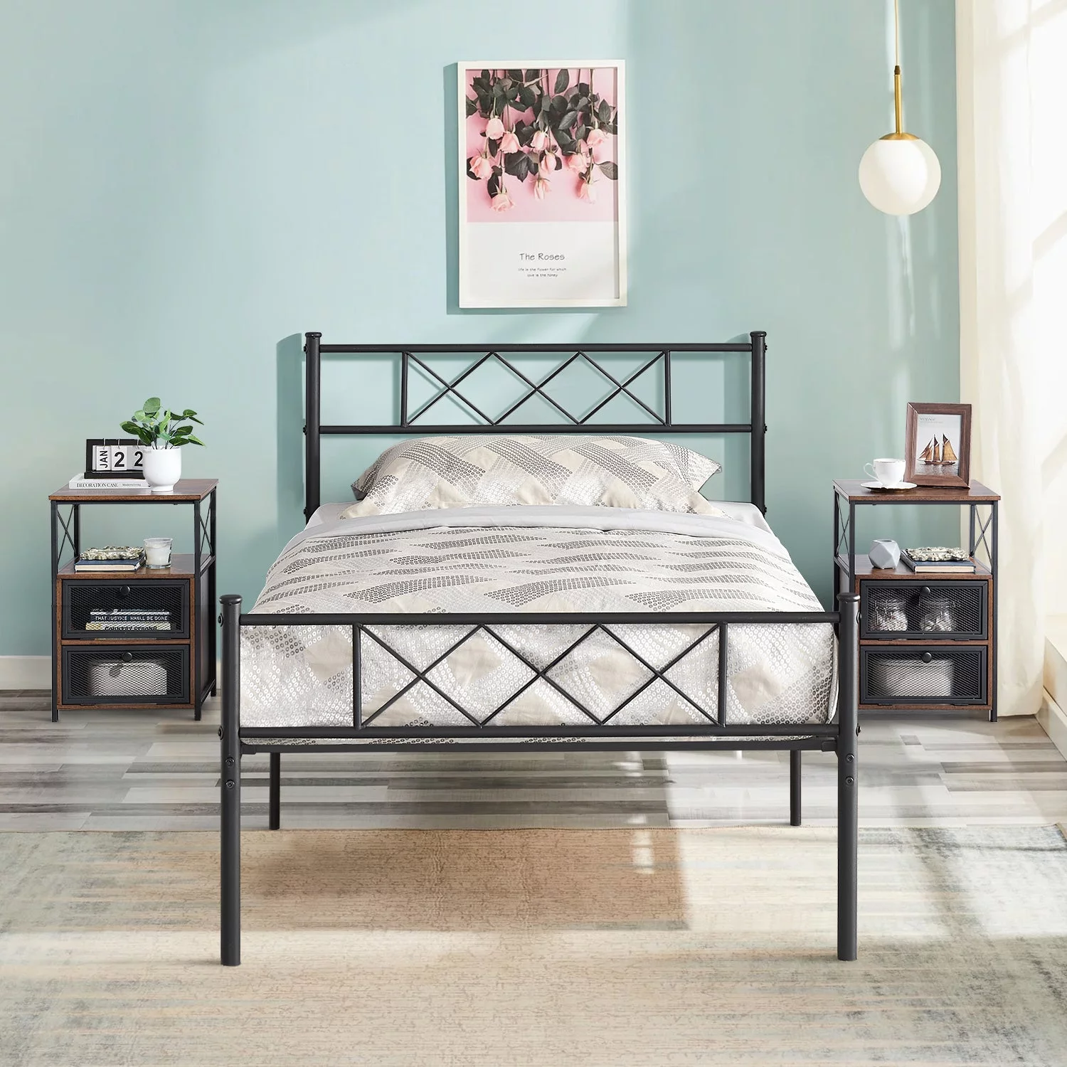 VECELO 3-Piece Bedroom Set, Twin Size Metal Bed Frame and 2 Brown Nightstand