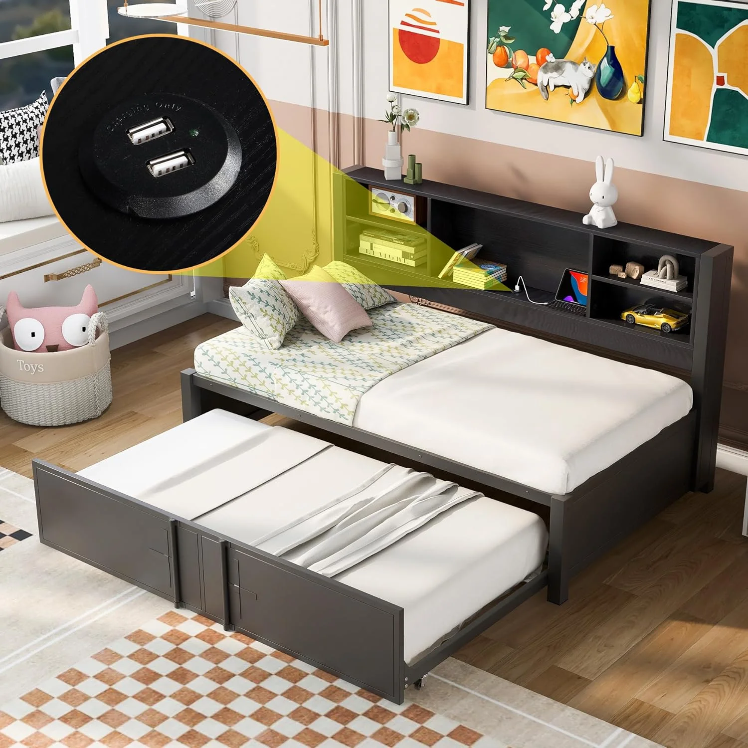 Size Daybed With Trundle And USB Ports, Bed With Bookcase, Metal Daybed With Storage Shelves And Metal Slats, Bookcase Daybed With Trundle, Black
