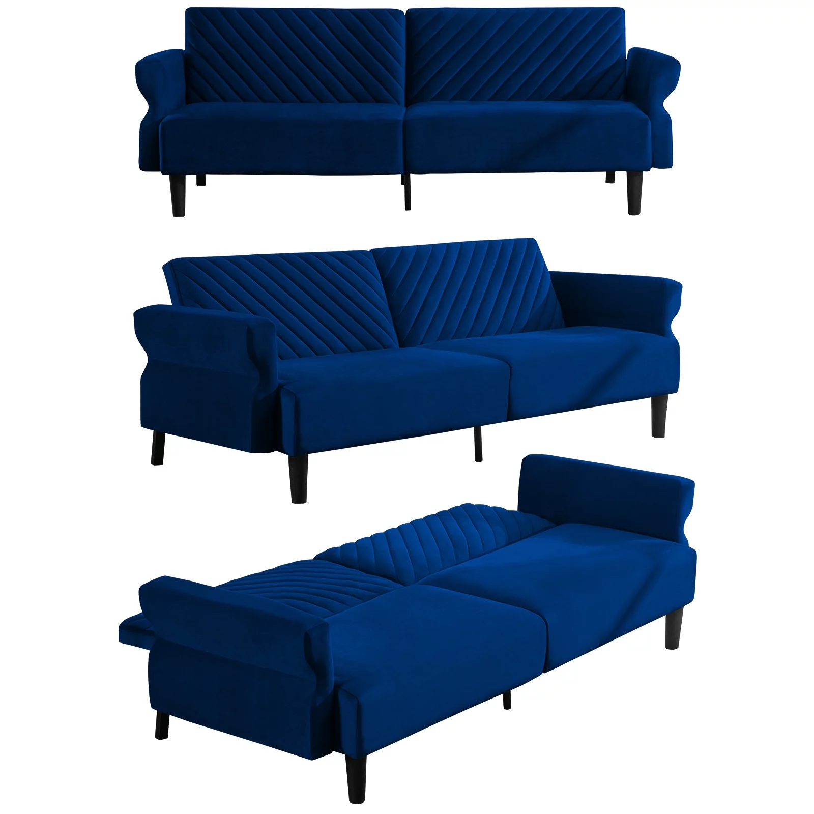 MUZZ Mid-century Convertible Velvet Sleeper Sofa with Adjustable Armrests and Backrests for Small Place/Apartment/Living Room (Navy Blue)