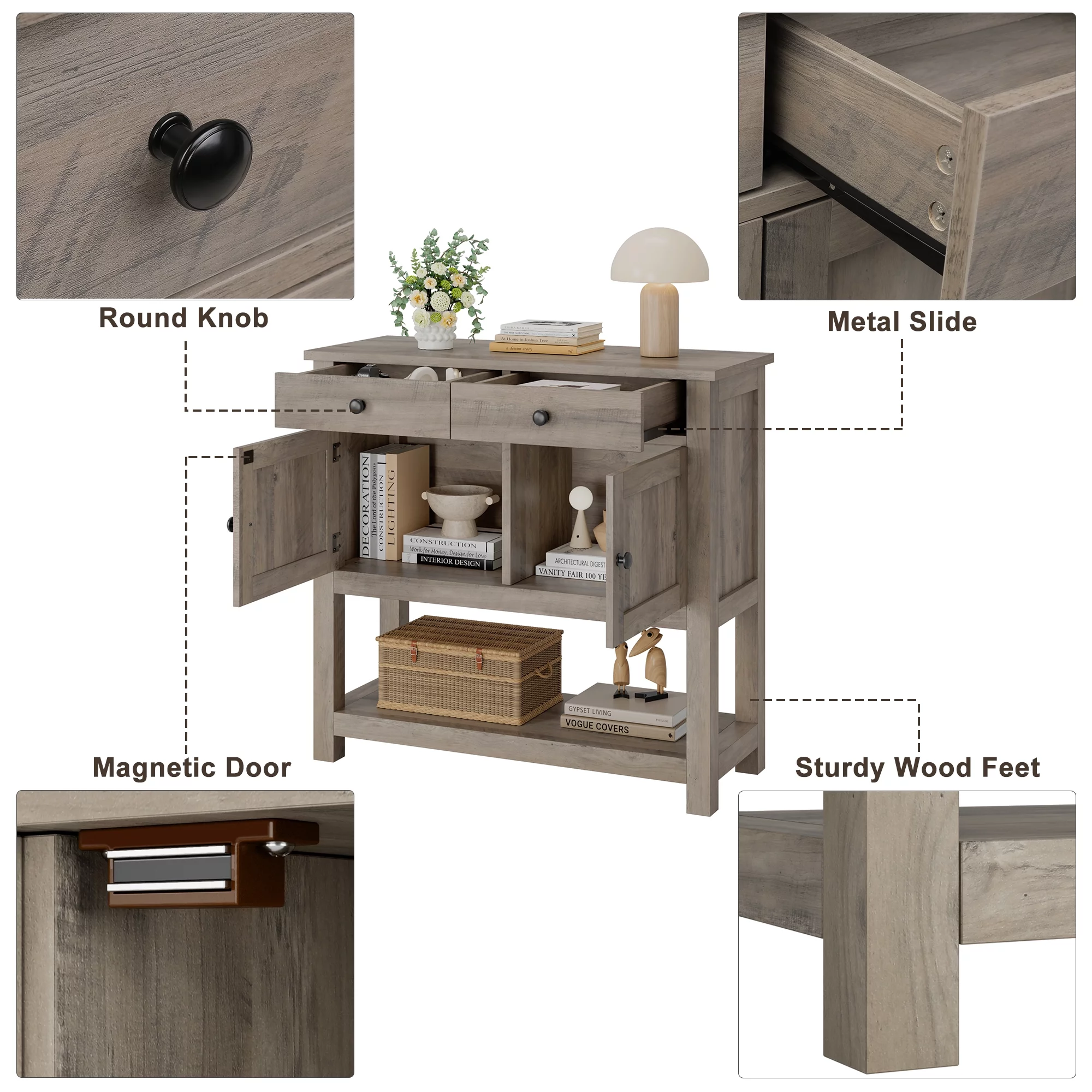 Homfa Farmhouse Console Table with 2 Storage Drawer, Foyer Table Wood Coffee Bar Cabinet for Living Room Entryway, Gray