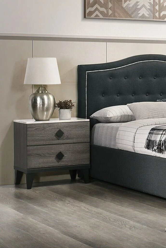 Transitional Charcoal Full Size Bed Dresser Mirror Nightstand 4pc Bedroom Set Tufted Burlap Fabric Storage Bed