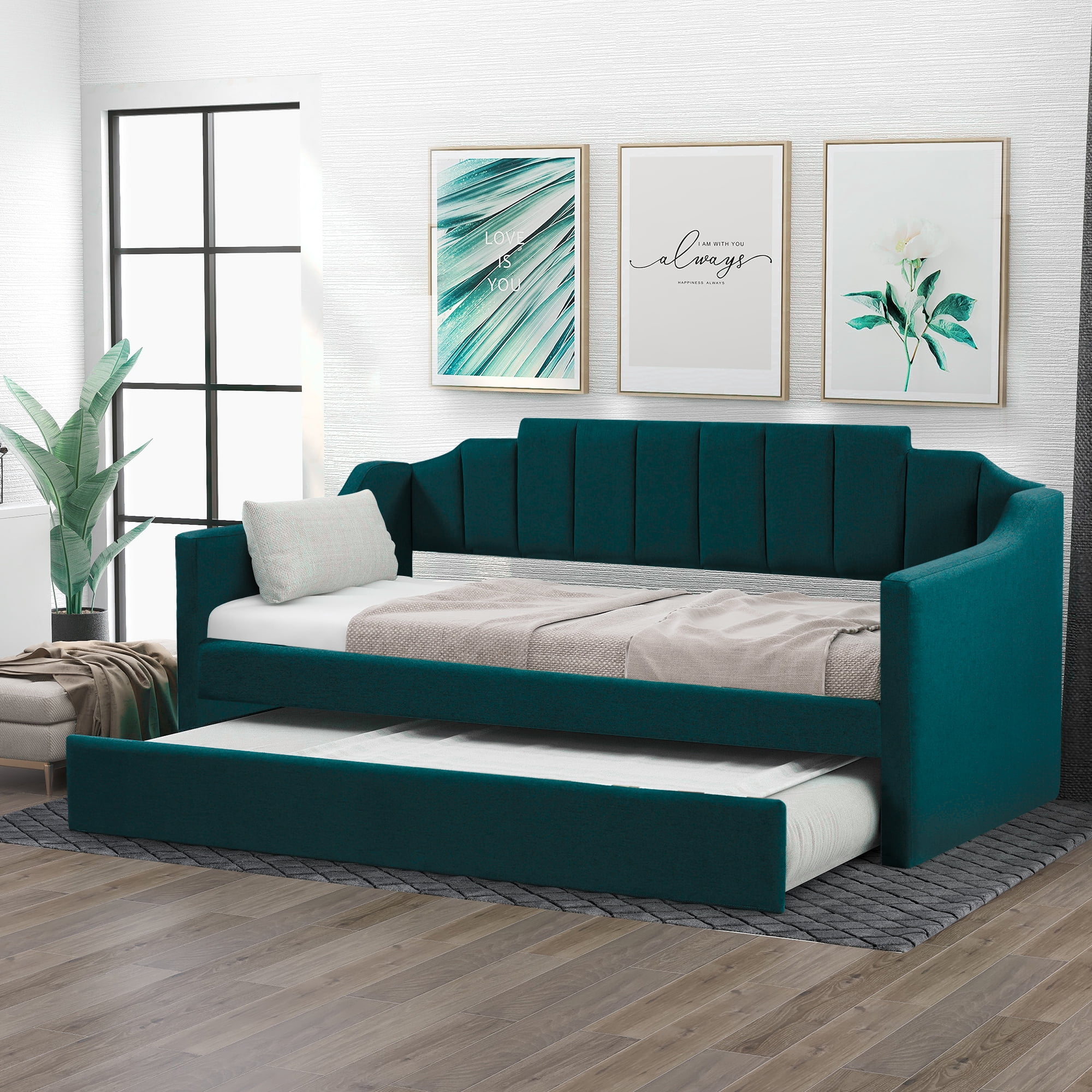 Euroco Modern Fabric Upholstered Twin Daybed with Trundle for Kids Bedroom, Green