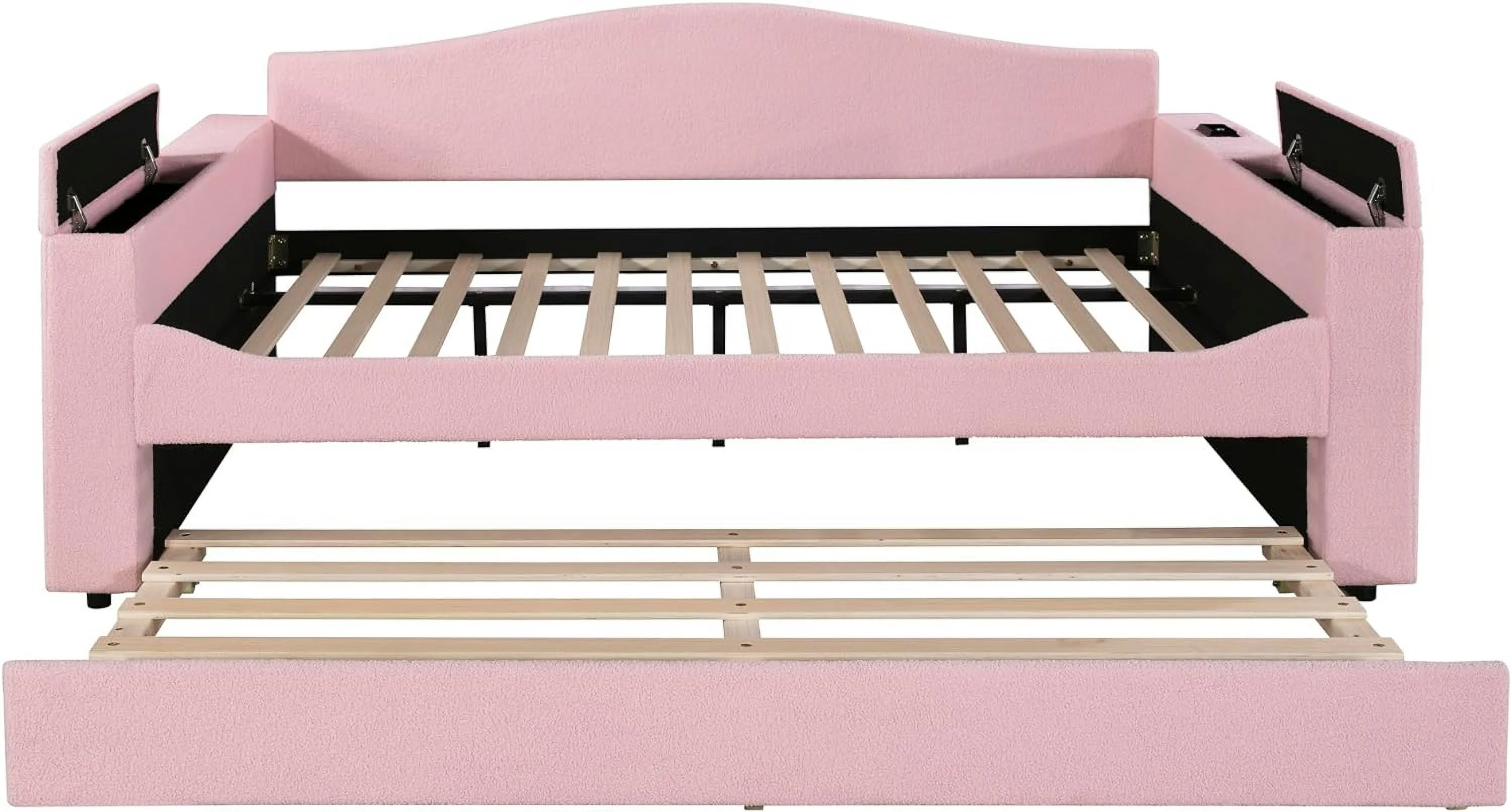 Full Size Upholstered Daybed, Wood Sofa Bed Frame with Trundle, Storage Armrests, Latest Integrated Bluetooth Audio System and Curved Backrest, Bedroom Furniture Teddy Fleece Upholstered Bed