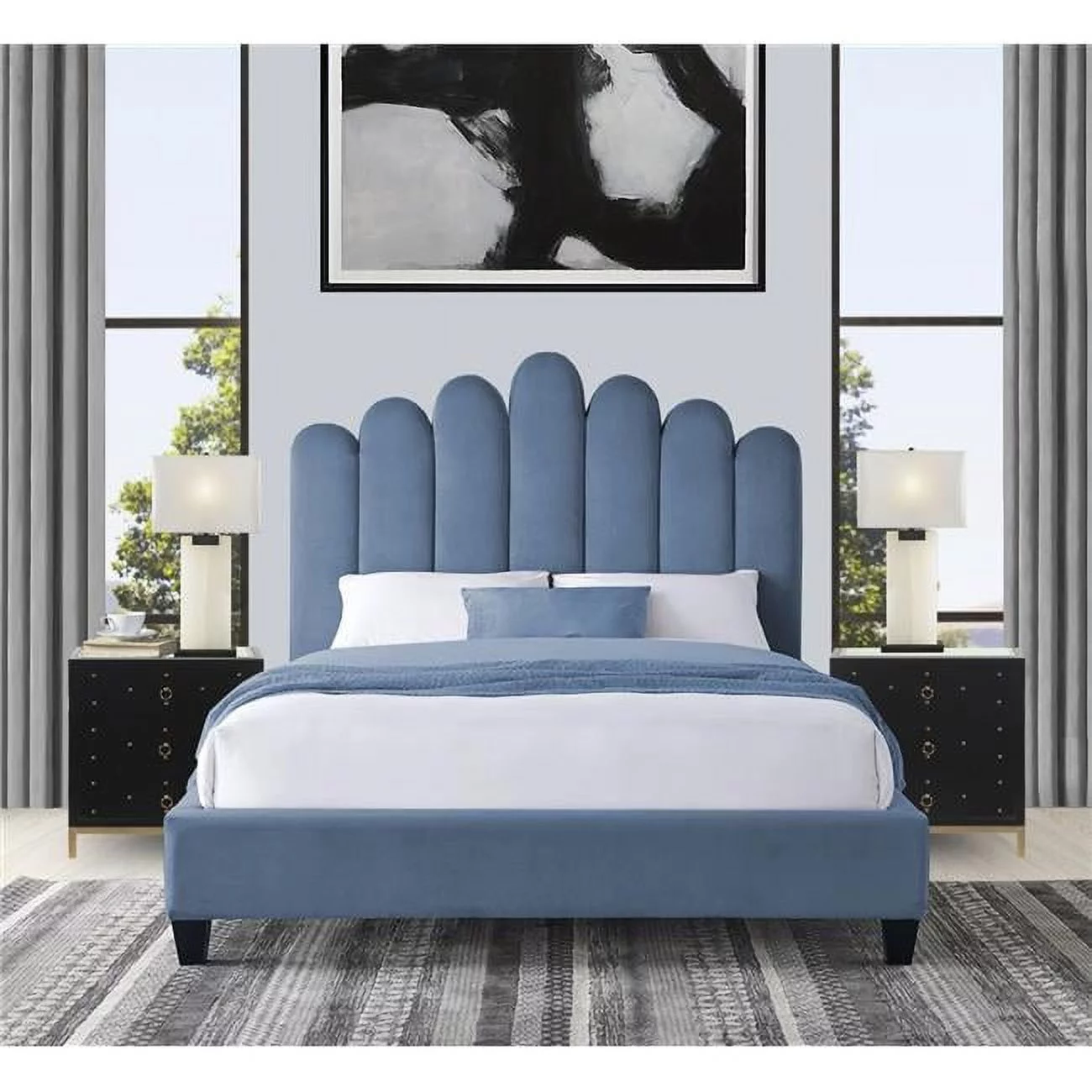 Chic Home 58.25 x 82.75 x 89 in. Carys Platform Bed Frame with Velvet Upholstered Vertical Channel Quilted Headboard, Slate Blue - King Size
