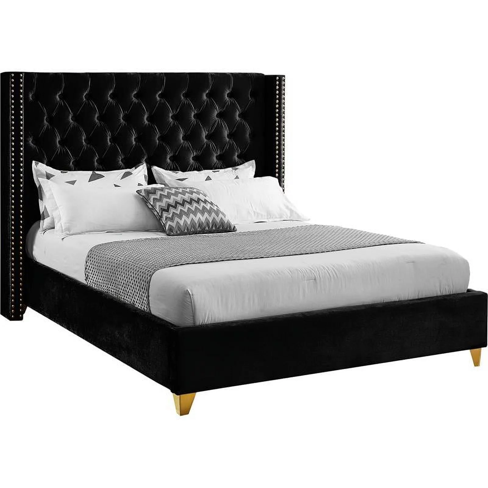 Maklaine Contemporary Upholstery Black Velvet Queen Bed