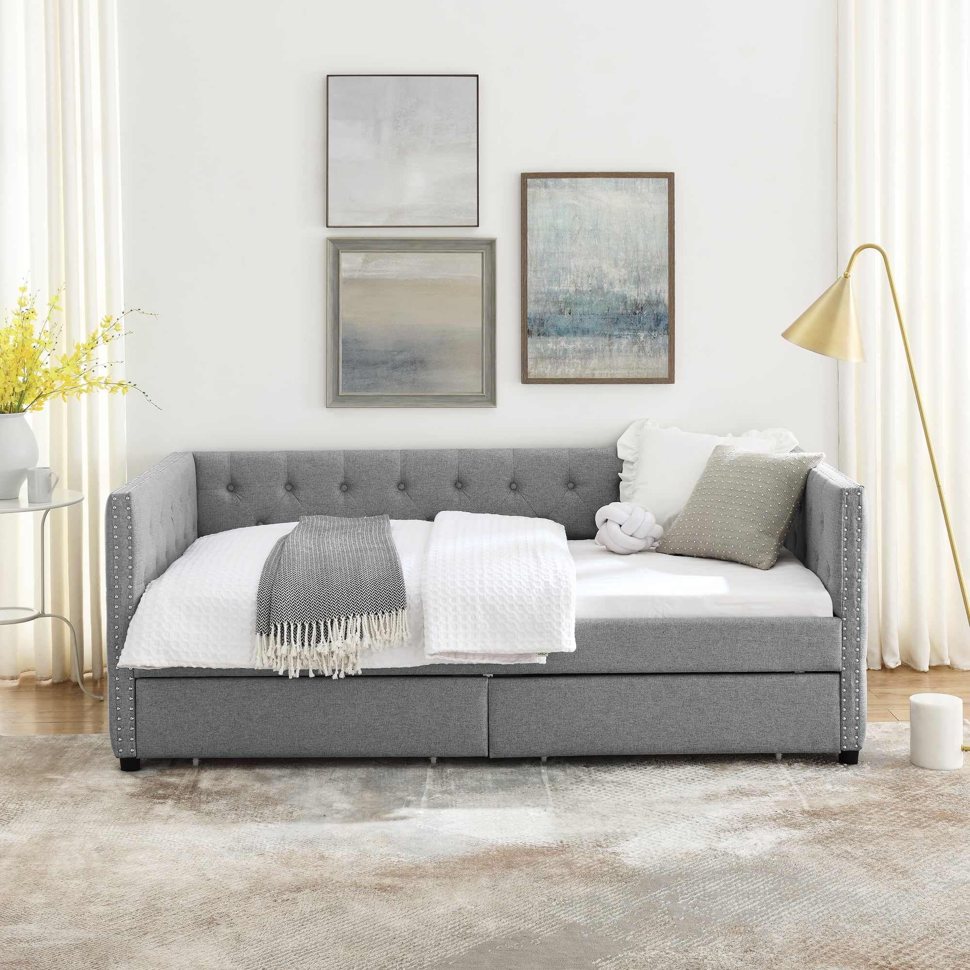 Docooler Upholstered Twin Size Daybed with Two Drawers, Grey, Button and Copper Nail Detail, Versatile for Any Room