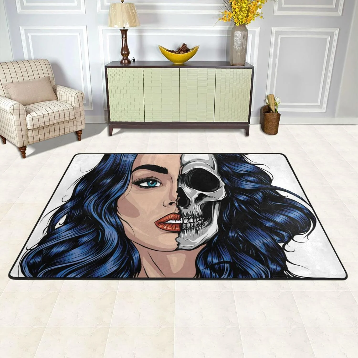 SKYSONIC 72×48in Queen Woman Skull Area Rug, Dia De Muertos Non-Slip Floor Carpet Comfort Floor Mats Decor for Indoor Living Dining Room and Bedroom Area