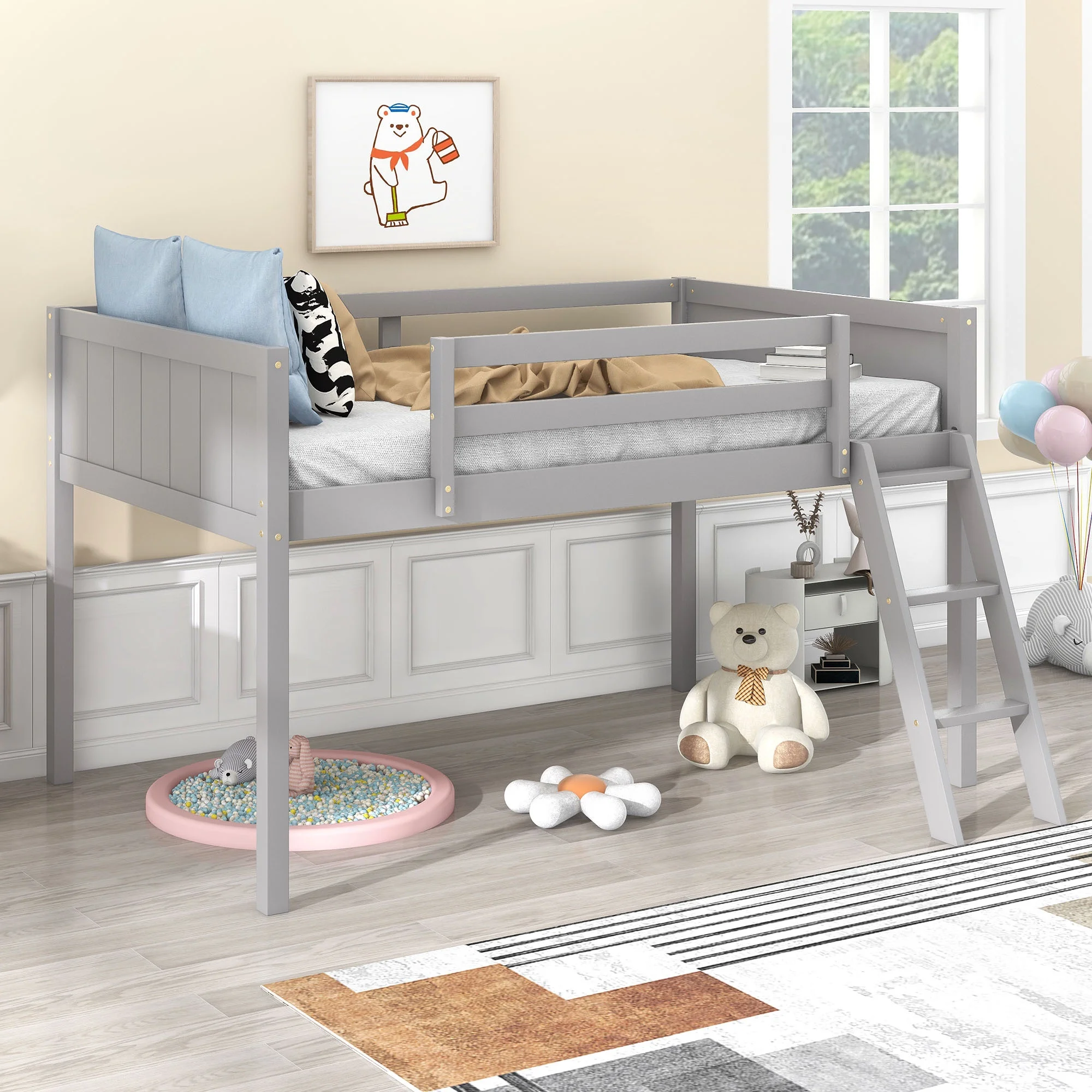 Versatile Gray Twin Low Loft Bed with Adjustable Ladder Position - Arrives 2.2