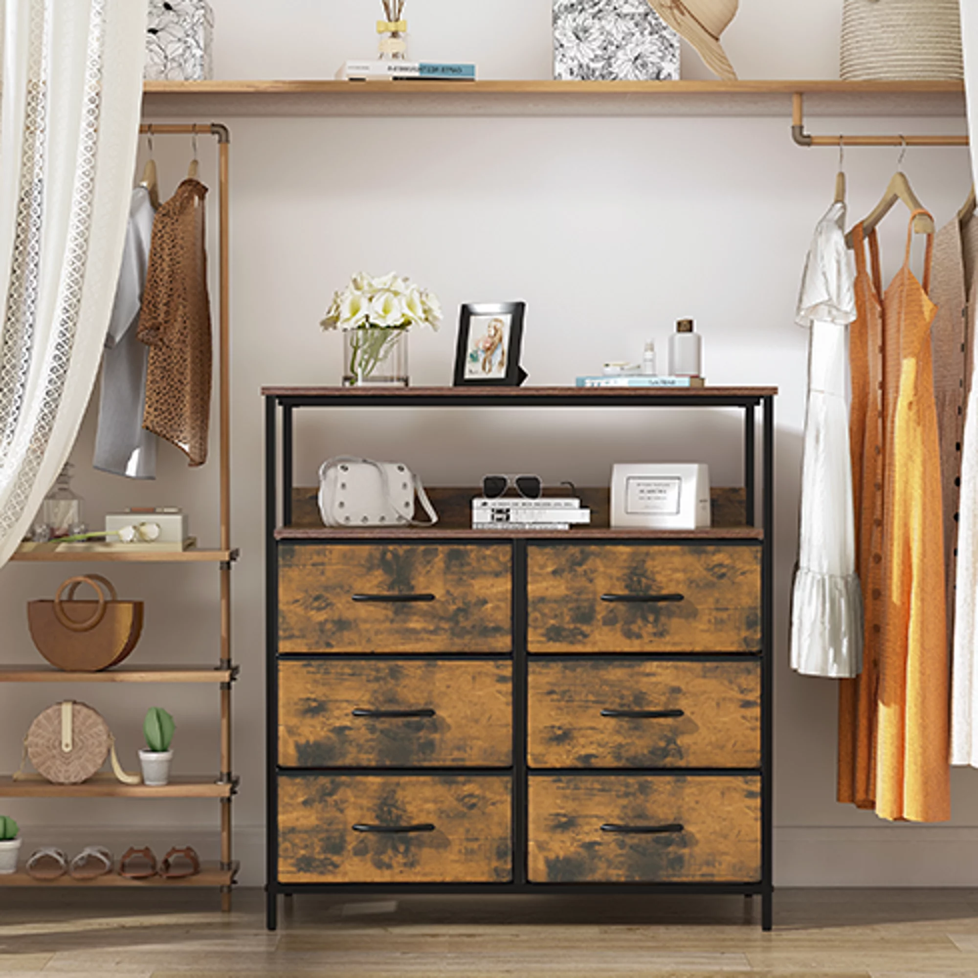 LYNCOHOME Dresser with 6 Fabric Drawers for Bedroom, Modern Chest of Drawers for Closet, Storage Cabinet, Rustic Brown Finish
