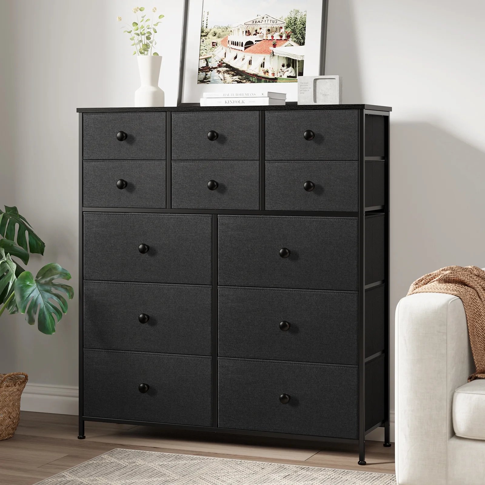 GUNAITO 12 Drawers Dresser Tall Dresser for Bedroom with Fabric Storage Vertical Dresser Organizer for Closet Living Room Hallway Nursery Black