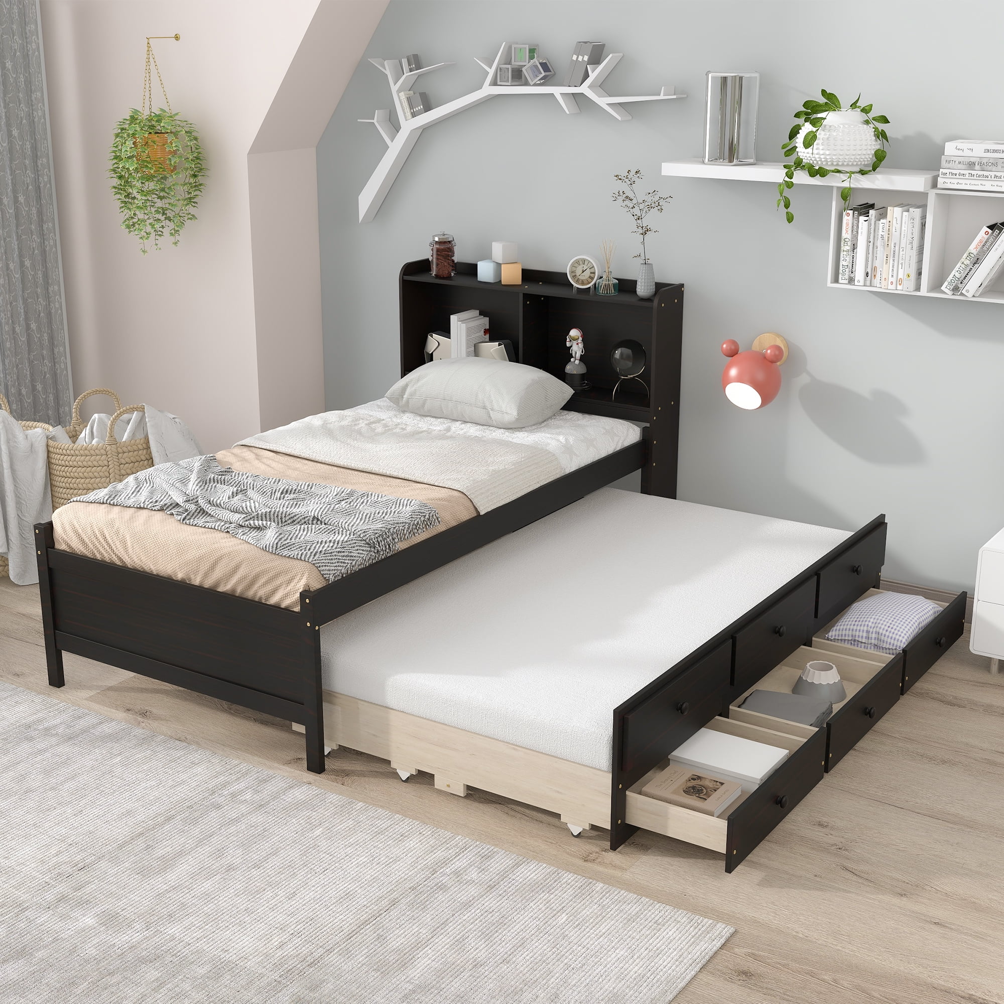 paproos Espresso Twin Size Bed Frame with Trundle Included, Wood Platform Bed with Bookcase Headboard and 3 Storage Drawers, Space Saving, Twin Bed Frame for Kids Teens Adult, No Box Spring Needed