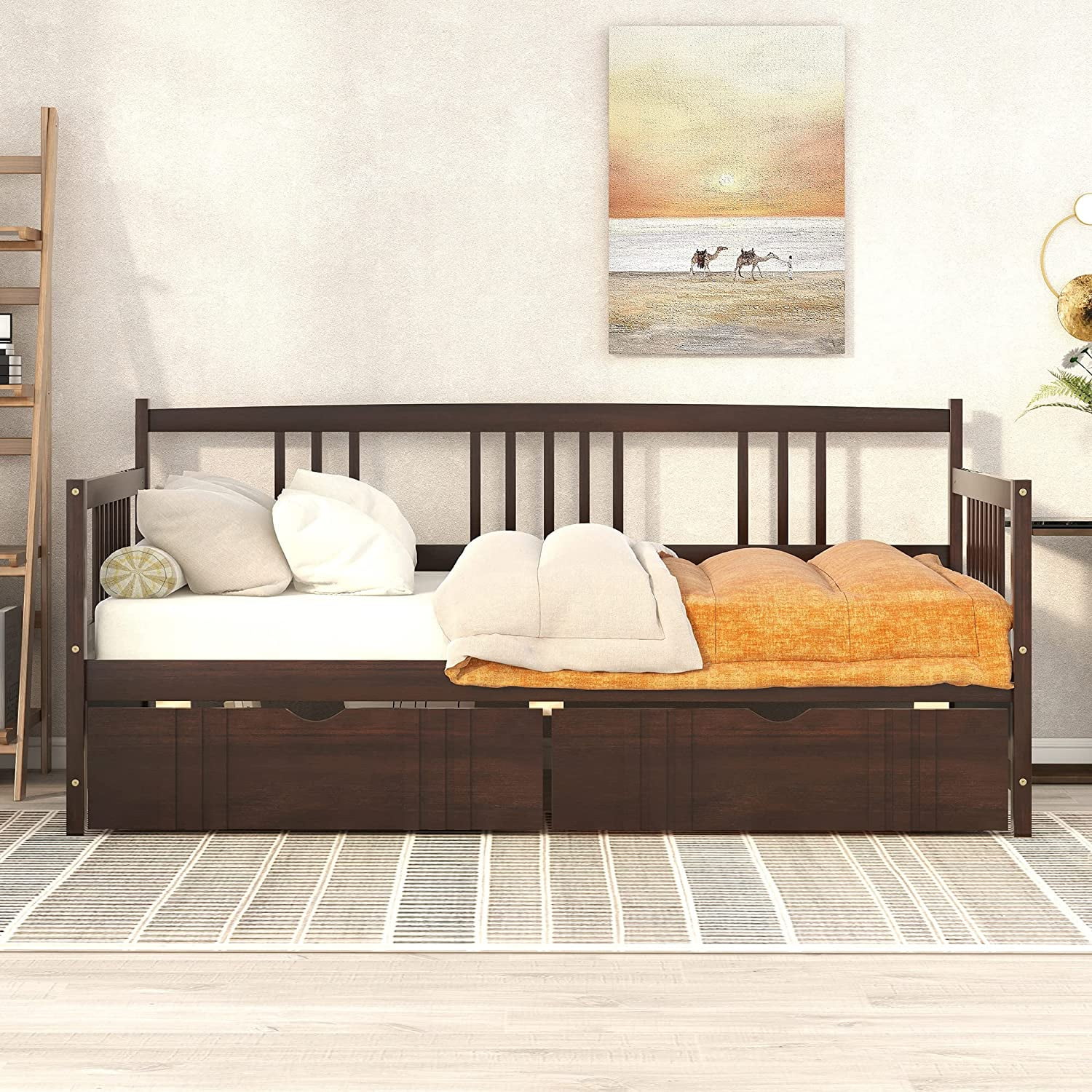 Daybed With Two Drawers, Wood Size Daybed With 2 Storage Drawers, Dual-Use Sturdy Bed For Living Room,Guest Room,Children Room, No Box Spring Needed(Espresso)