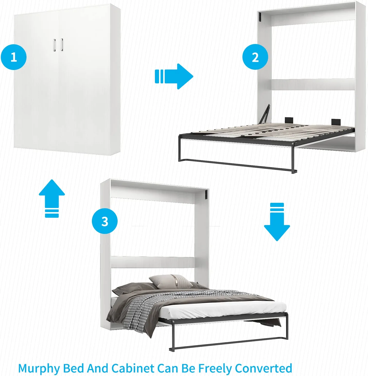 Mjkone Murphy Bed with Wardrobe, Folding Wall Bed for Bedroom, Fold Up Murphy Bed Cabinet, Queen Murphy Chest Bed Can Be Folded into a Cabinet, Storage Bed, Space-Saving Design (White)