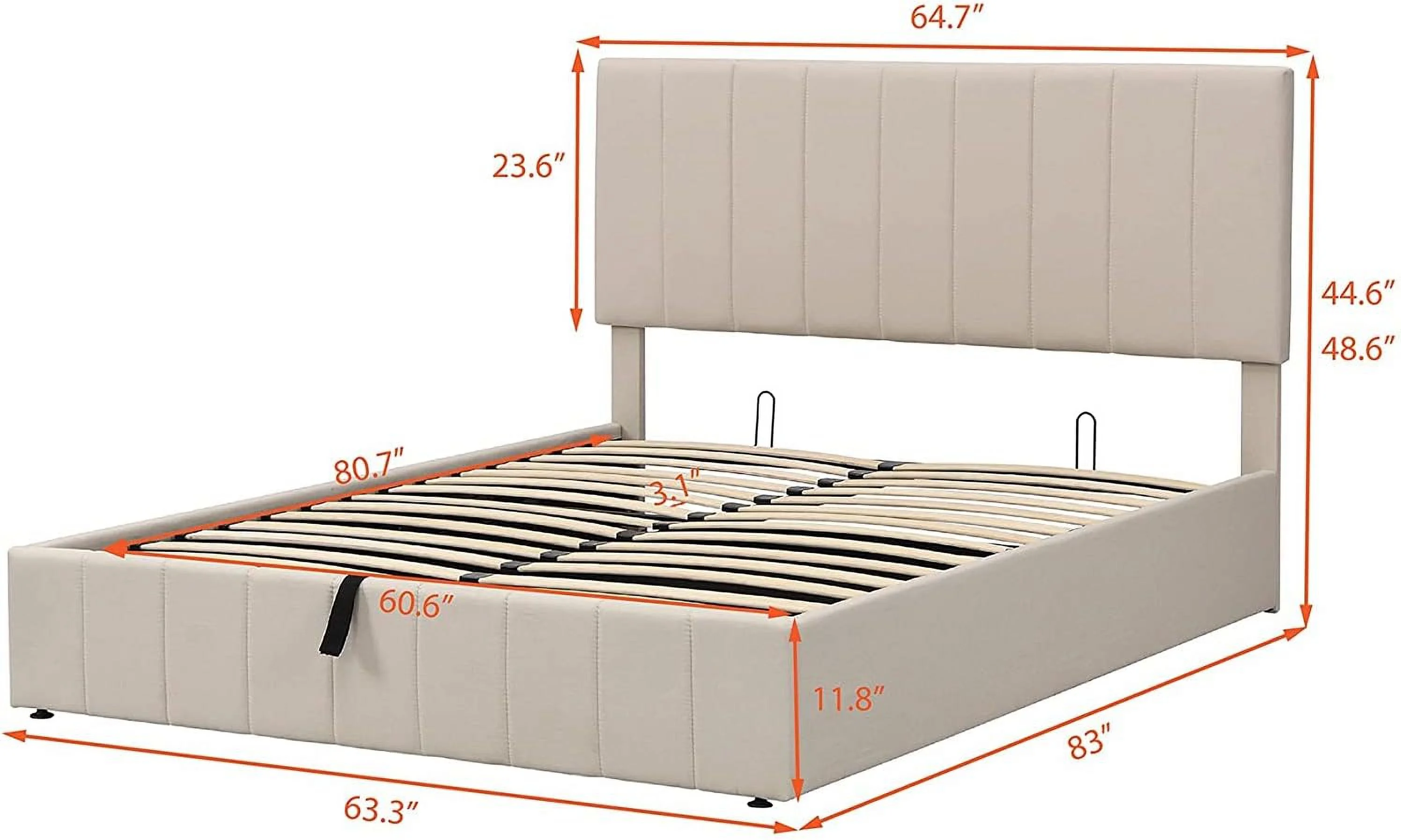 Quee Size Upholsered Bed Frame Wih Gas Lif Up Sorage, Quee Plaform Bed Frame Wih Sorage Udereah, Woode Plaform Bed Wih ufed Headboard Ad Hydraulic Sorage Sysem,Beige