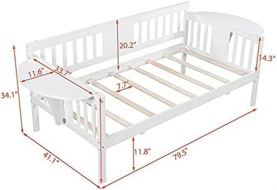 HBBOOMLIFE Harper & Bright Designs Wood Twin Size Daybed Sofa Bed Frame with Small Table Wood Slat Support Twin Daybed for Bedroom Living Room (White)