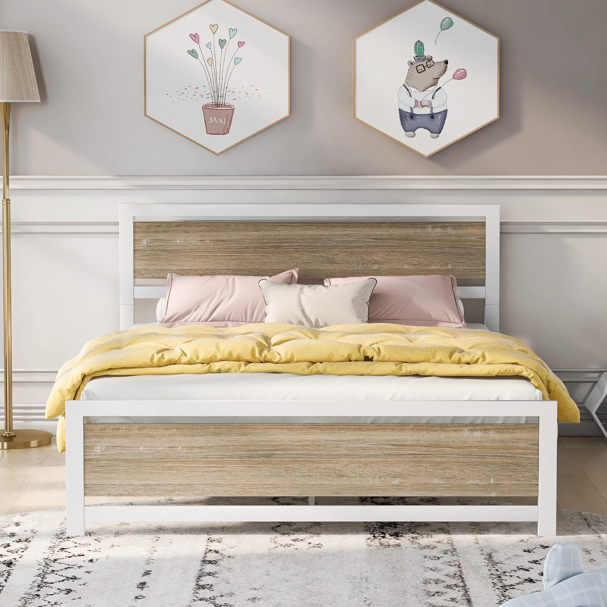 EUROCO Queen Size Wood and Metal Platform Bed for Bedroom, White