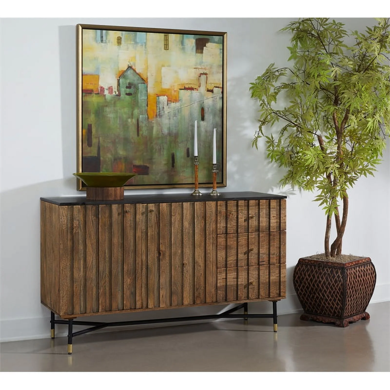 Pemberly Row Contemporary 3-Drawer Solid Wood Credenza in Natural