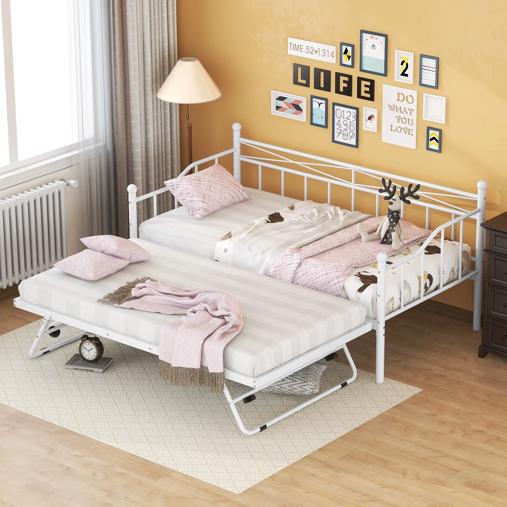 CoSoTower Twin Size Metal Daybed with Twin Size Adjustable Trundle, Portable Folding Trundle, White