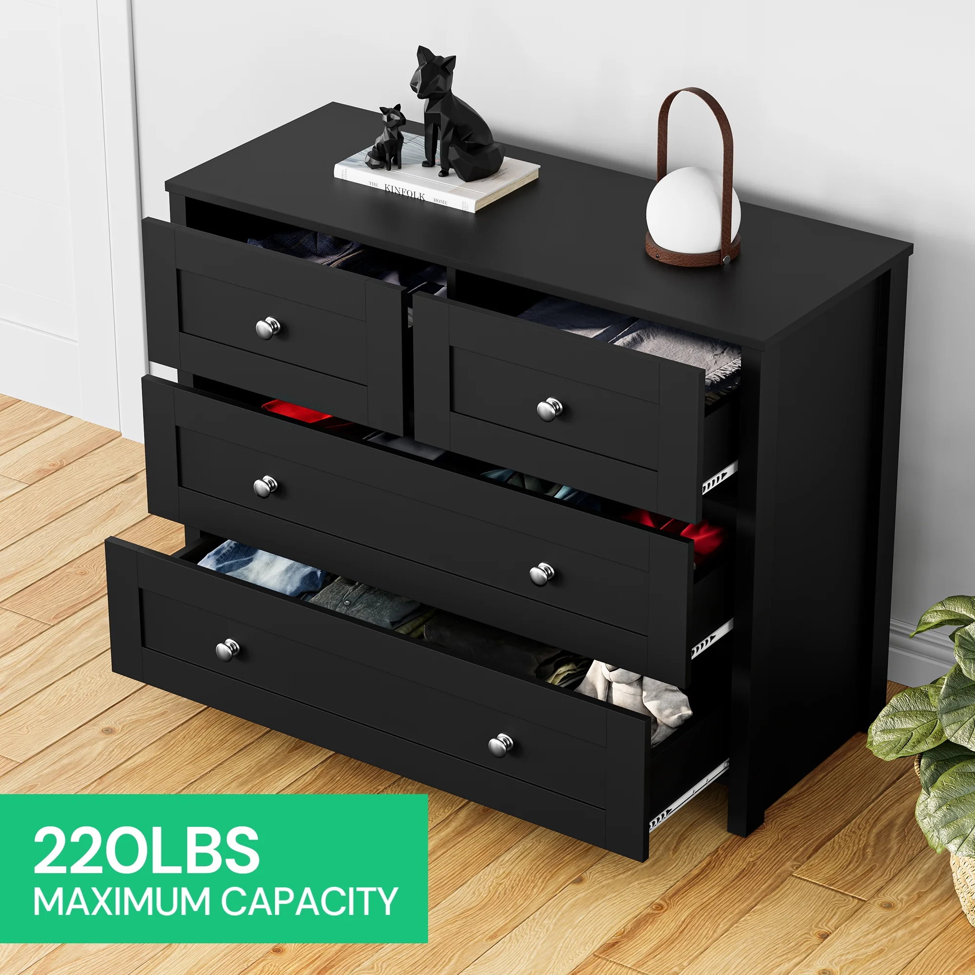 SunsGrove 4 Drawer Dresser, Modern Chest of Drawers, with Wood Storage Organizer Dressers for Bedroom, Hallway, Children's Room, and Living Room, Black
