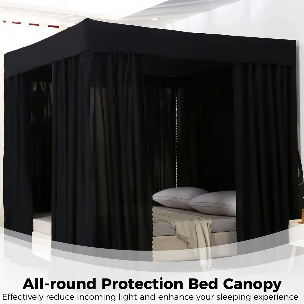 Four Corners Post Bed Canopy, Lightproof Bed Curtain, Blackout Canopy Bed Curtains, Black Bed Canopies for Adults Bedroom Decor (Black, 59 x 79 x 77 Inches, Queen)
