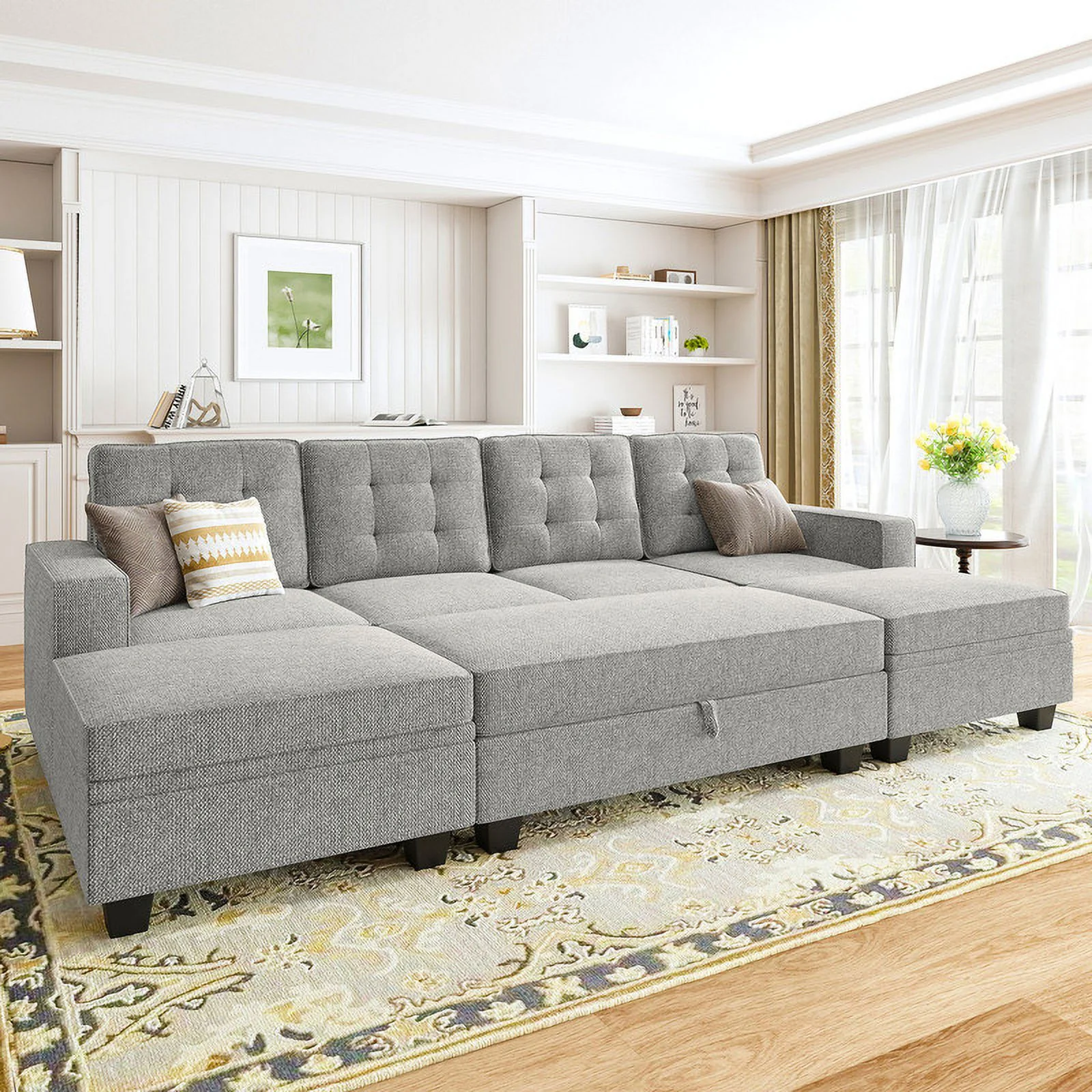 HONBAY Convertible Sectional Sleeper Sofa Bed Sets with Storage and Reversible Chaise, Light Grey