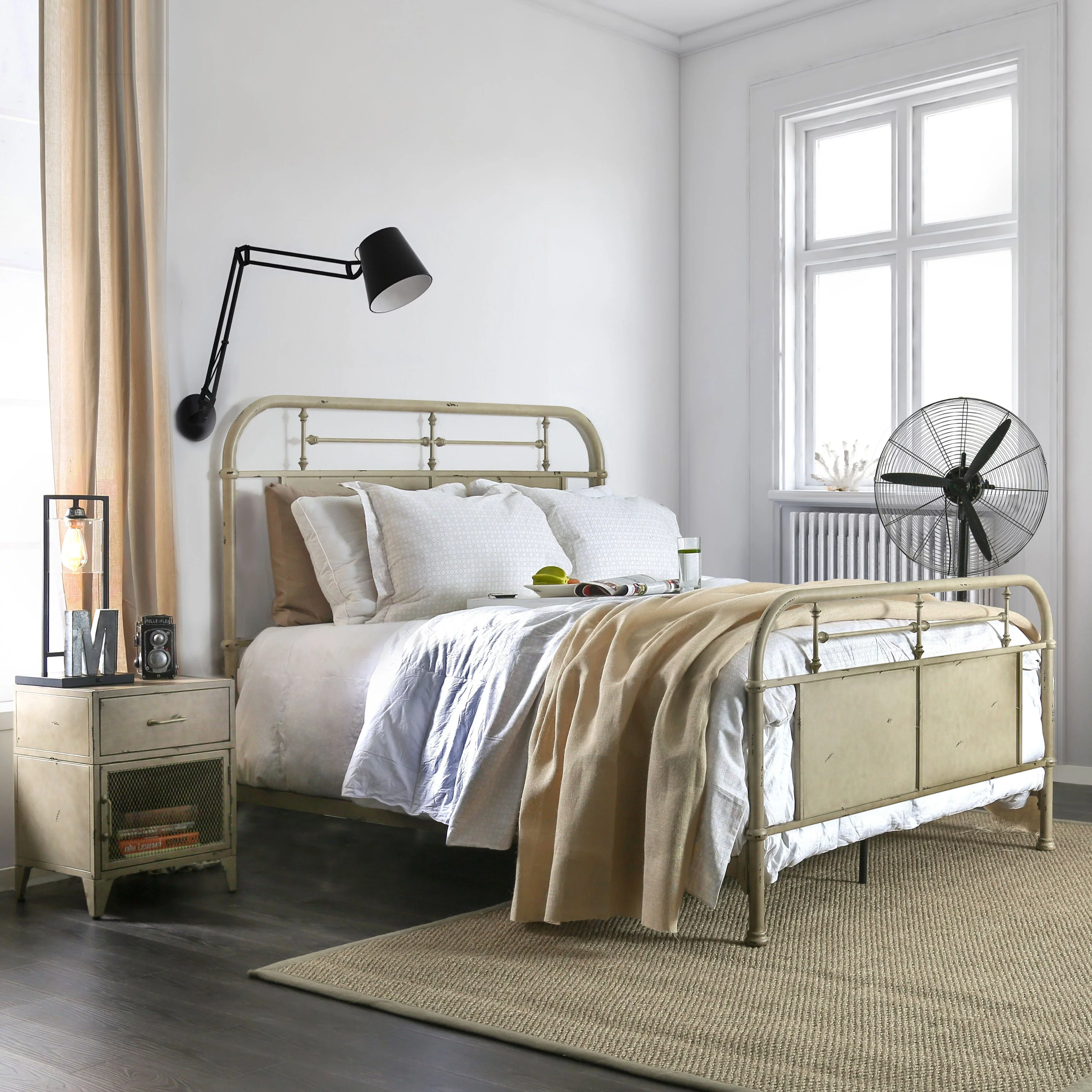Furniture of America Ways Industrial Metal Panel Bed with Support Legs Distressed White Eastern King