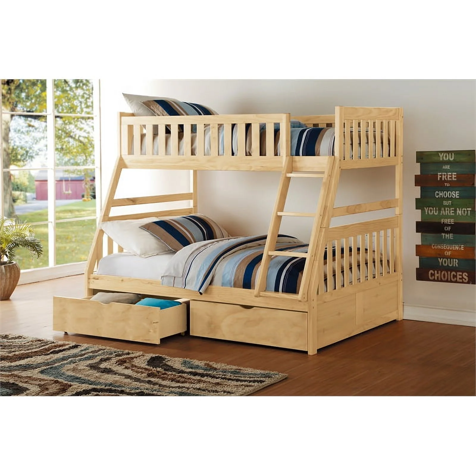 Lexicon Contemporary Wood Twin/Full Bunk Bed with Storage Boxes in Natural Pine