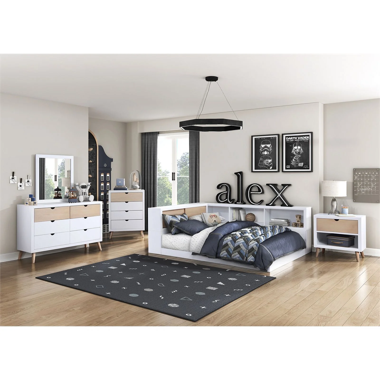 Lexicon Asker Wood Full Bookcase Corner Bed in 2-Tone Finish (White and Natural)