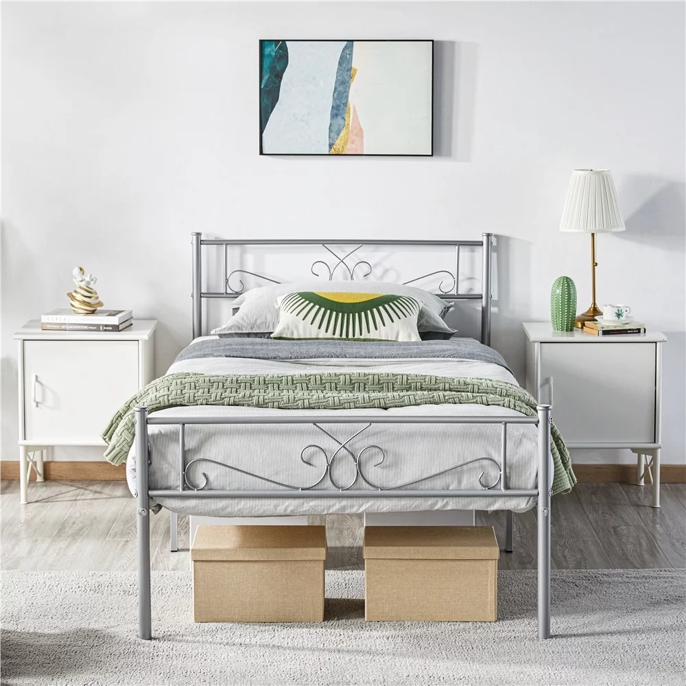 Yaheetech Graceful Scroll Metal Platform Bed with Headboard Silver 77.36