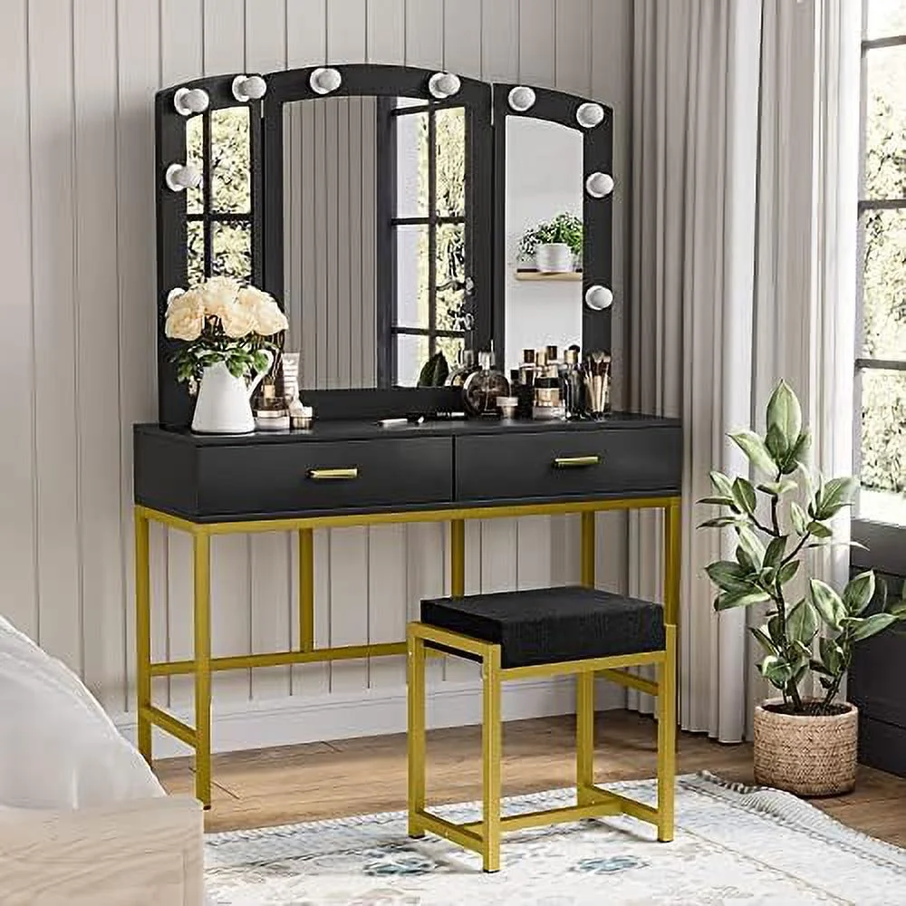 NLIBOOMLife Makeup Vanity Desk with 3 Mirrors 10 LED Light Bulbs Vanity Set with 2 Large Drawers and Cushioned Stool Gold Metal Frame Dressing Table Dresser Desk for Women Girls Bedroom
