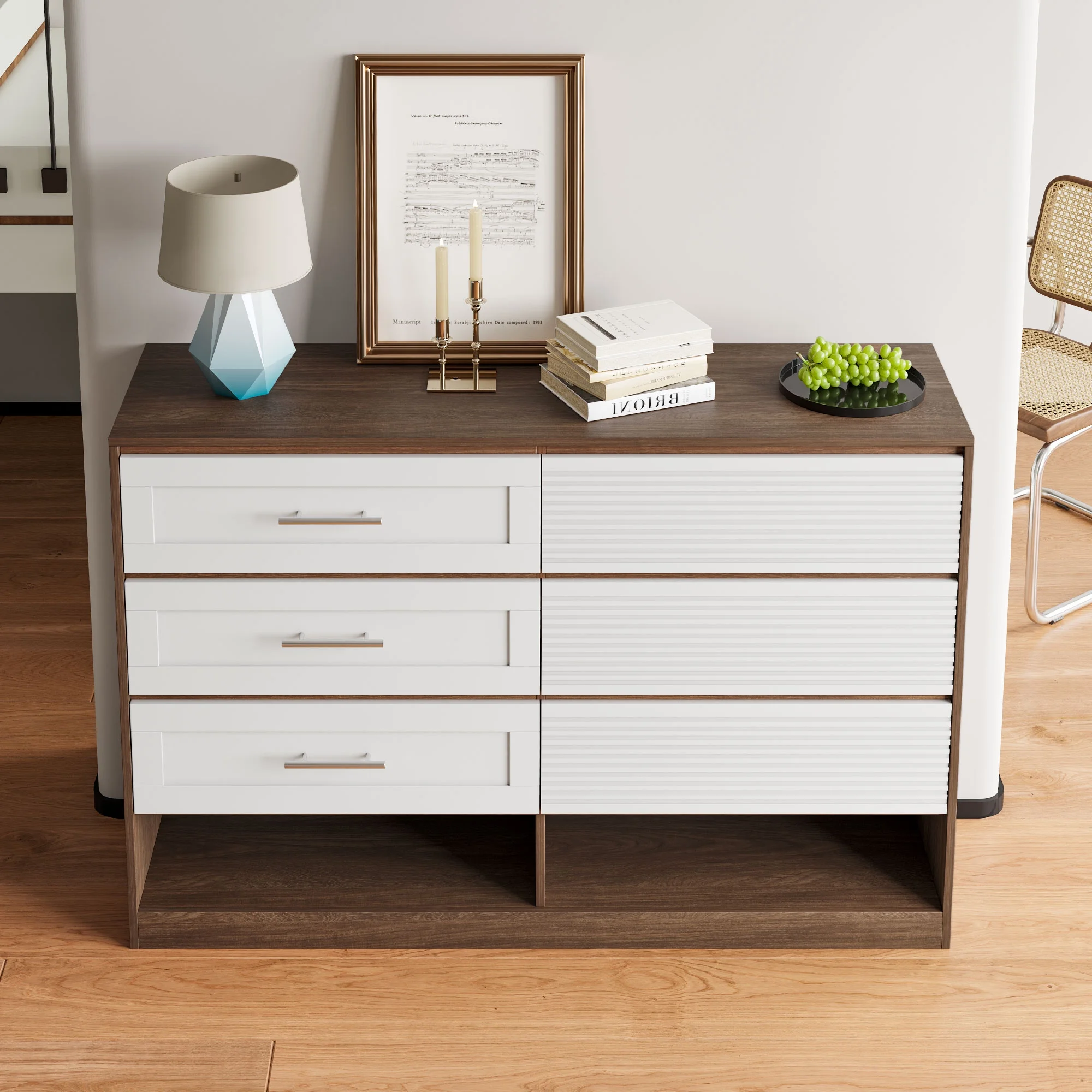 Dextrus 6 Drawers Double Dresser, 55'' Wide Chest of Drawer Storage Cabinet Sideboard Cabinet Buffet for Bedroom Living Room, Entryway and Hallway, Walnut and White