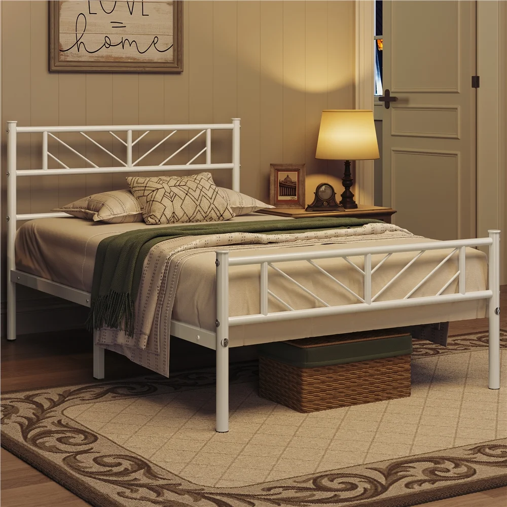 Easyfashion Justice Metal Platform Bed with Arrow Design,Twin XL,White