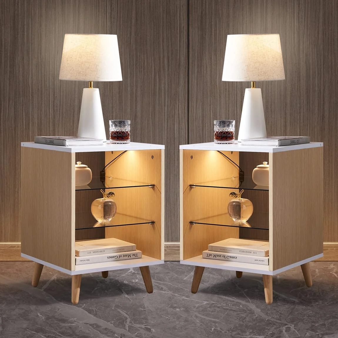 Nightstands Set Of 2 With 3 Drawers, Bedside Table Small Dresser With LED Light For Bedroom Living Room - Sturdy Wood Frame, Glass Shelf- Wood&White