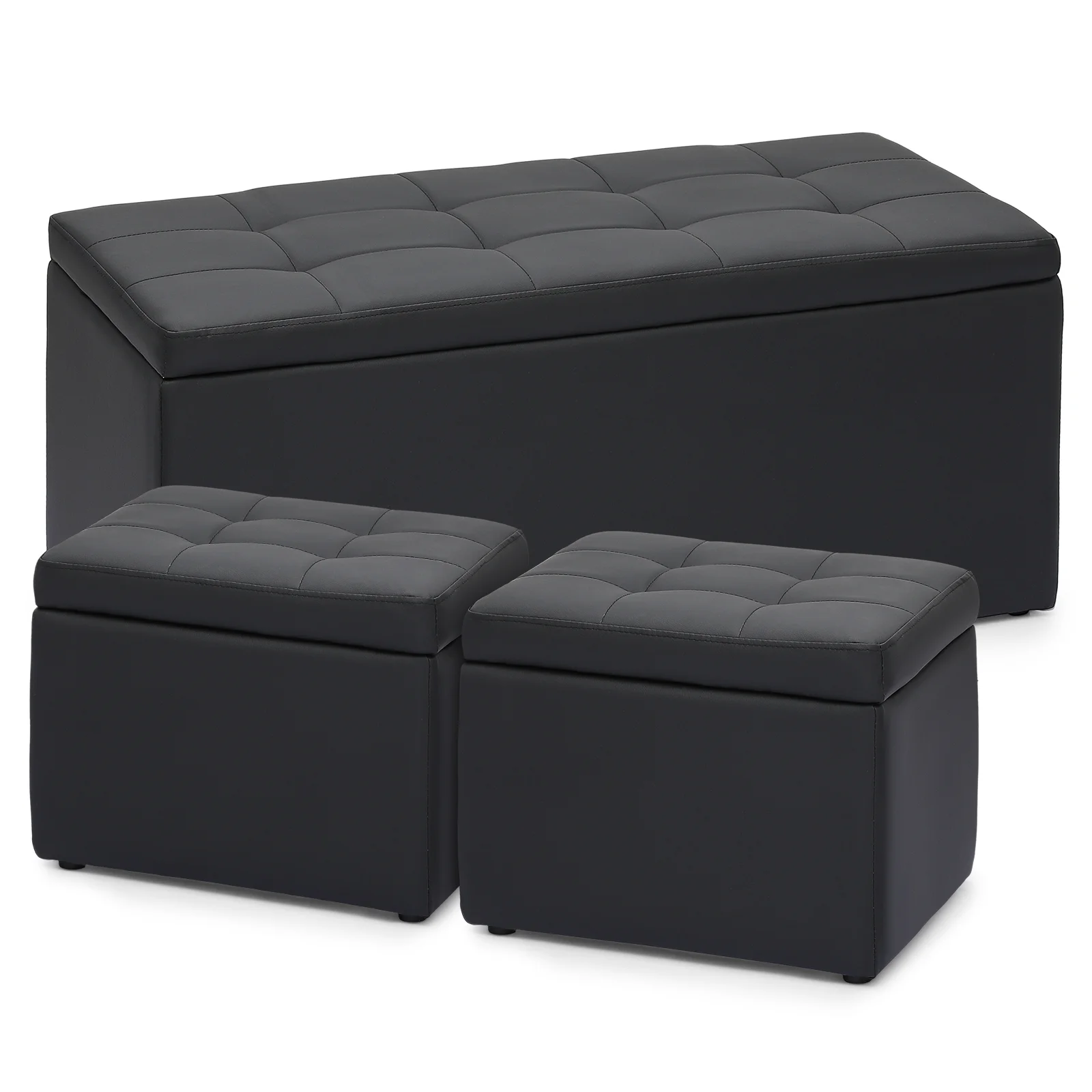 Magshion Set of 3 Tufted Storage Ottoman, PU Leather Entryway Shoe Bench, Livingroom Lift Top Pouffe Storage Cube Footstool, Black