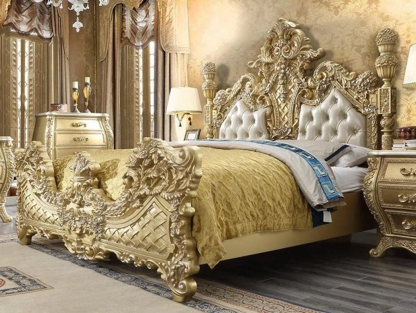 REYNA Metallic Antique Gold & Faux Leather King/QueenTraditional Bed