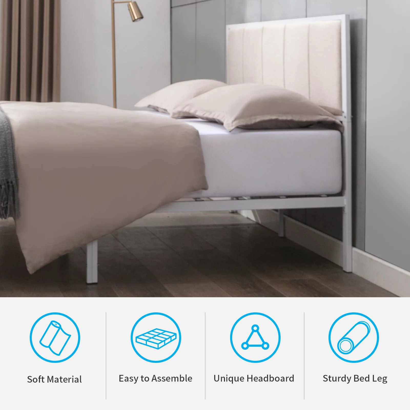 BALUS King Bed Frame with Tufted Headboard, Modern Vertical Strpes, Linen Fabrics and White Finish Metal, Beige